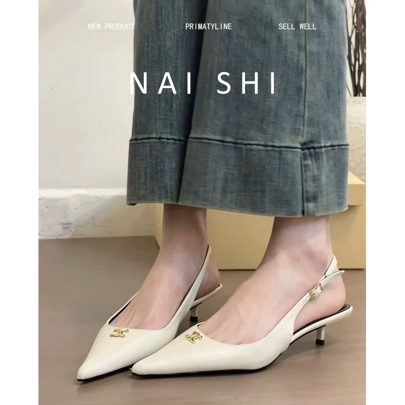 Phiên bản da cừu! Giày mules mũi nhọn dành cho nữ với gót kitten, khóa kim loại, kiểu dáng thanh lịch kiểu Chanel.