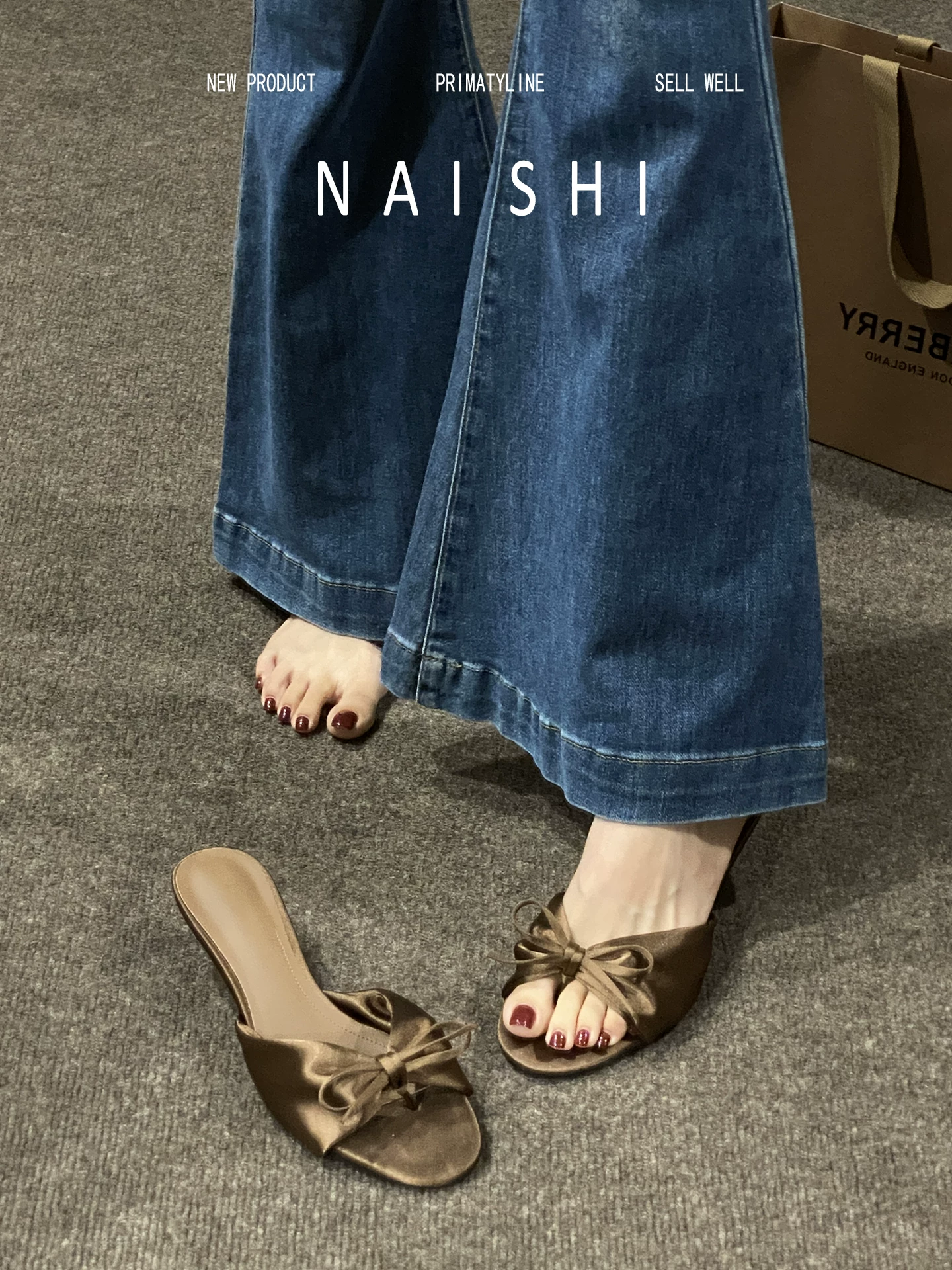 Phiên bản da cừu! Dép sandal satin Pháp dành cho nữ, kiểu buộc nơ, mũi hở, gót cao, kiểu xỏ ngón.