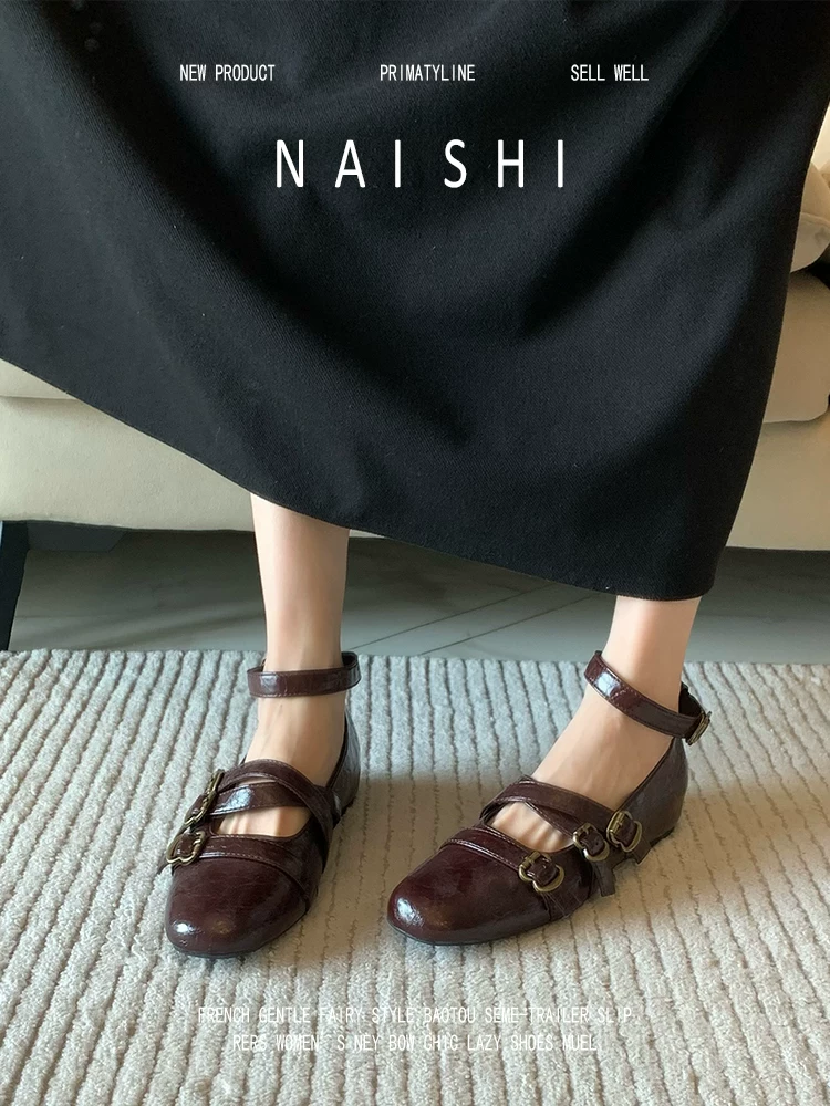 Phiên bản da cừu! Giày Mary Jane đế thấp tăng chiều cao phong cách retro dành cho nữ với thiết kế độc đáo, khóa quai chéo, giày da thật đa năng.