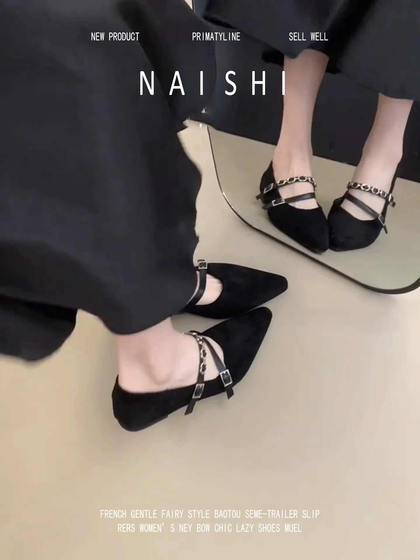 Phiên bản da cừu! Giày Mary Jane mũi nhọn cổ điển có dây đeo dạng xích, gót giấu, phong cách đi làm, giày lười da lộn.