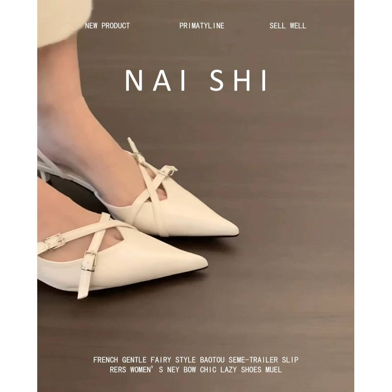 Phiên bản da cừu! Dép sandal nữ kiểu Pháp thanh lịch, mũi kín, có khóa thắt lưng, gót cao nhọn, gót nhọn, giày không gót.