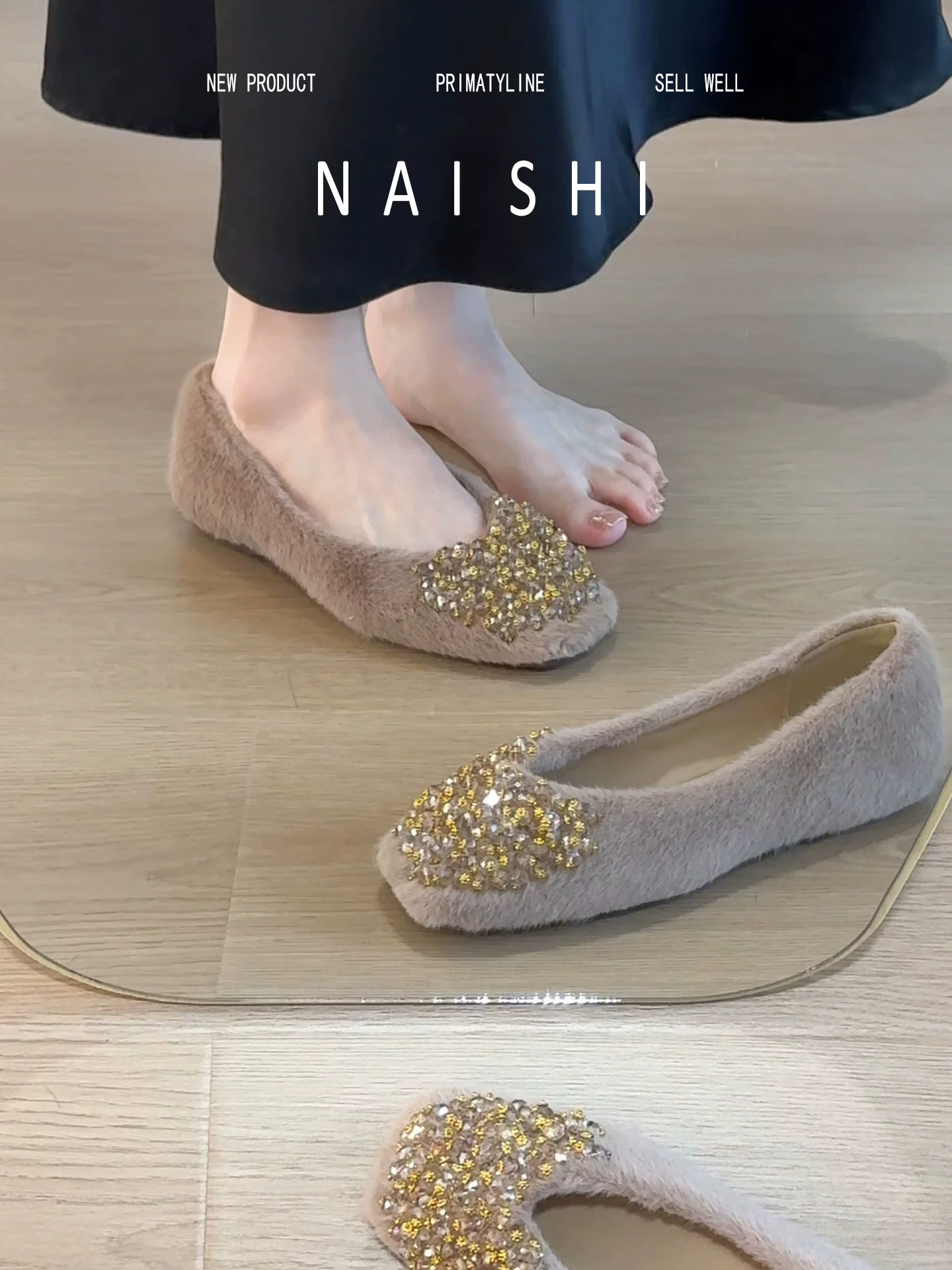 Phiên bản da cừu! Giày lông phong cách Chanel để mặc ngoài trời, đế phẳng, giày đơn lót lông cừu, giày Mary Jane đính đá, giày lười đế mềm đa năng.