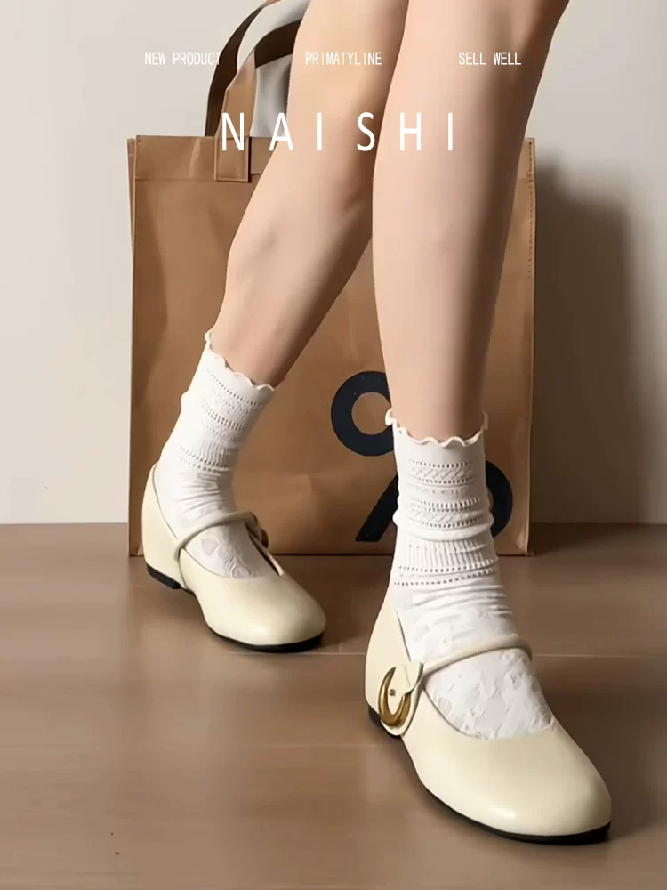 Phiên bản da cừu! Giày Mary Jane tăng chiều cao kiểu retro dành cho nữ với dây đeo khóa đơn, mũi tròn nông, giày bệt kiểu Pháp thanh lịch.