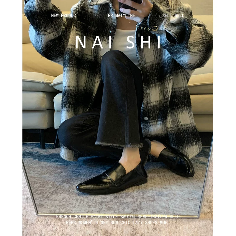 Phiên bản da cừu! Giày lười kiểu Anh dành cho nữ, giày da mũi nhọn kiểu slip-on, giày bệt da thật cổ điển màu đen có gót thấp.