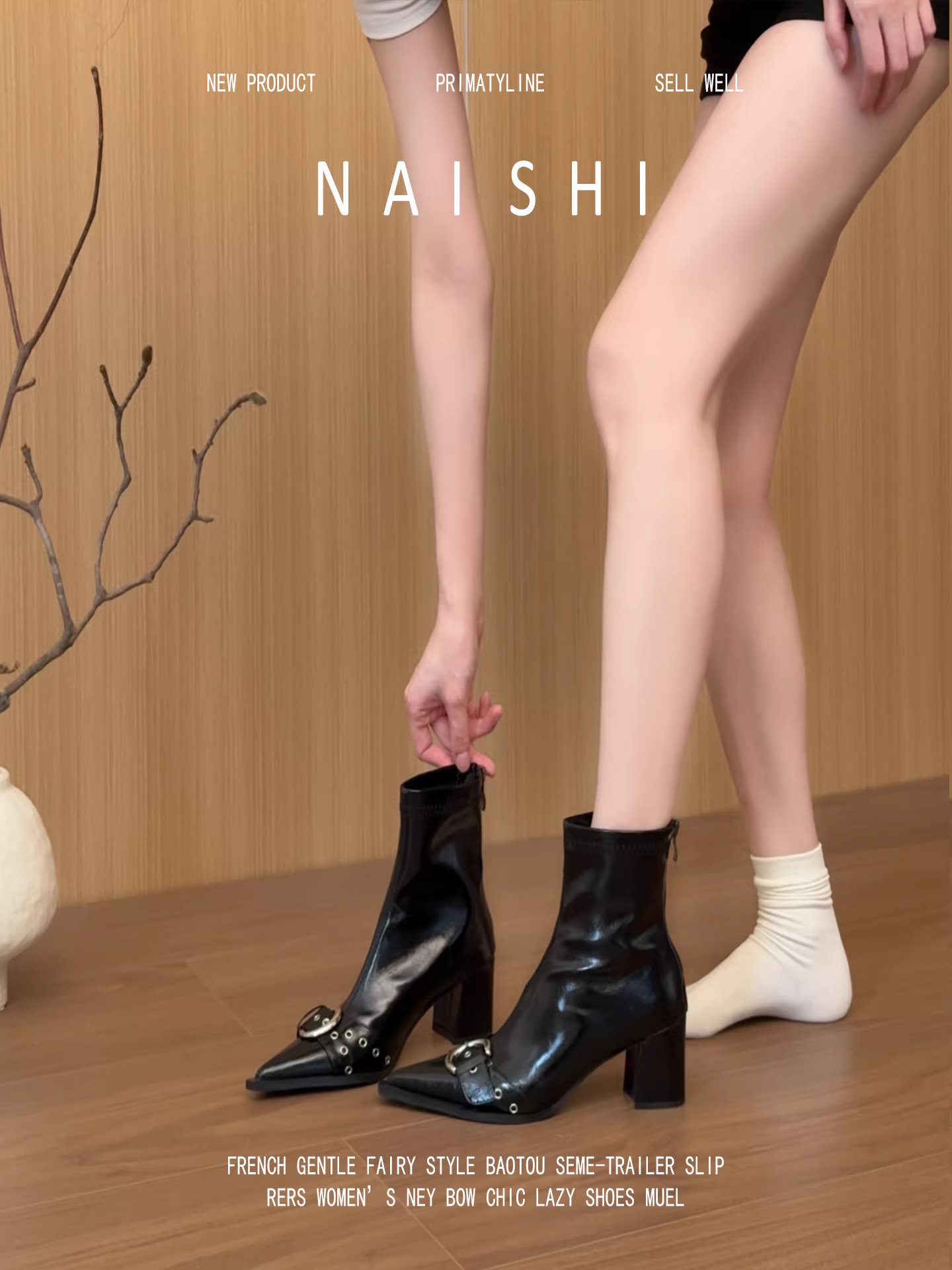 Phiên bản da cừu! Giày bốt cao gót kiểu Pháp dành cho nữ có khóa kéo phía sau, khóa thắt lưng bằng kim loại, mũi nhọn, gót thô, kiểu dáng ôm sát.