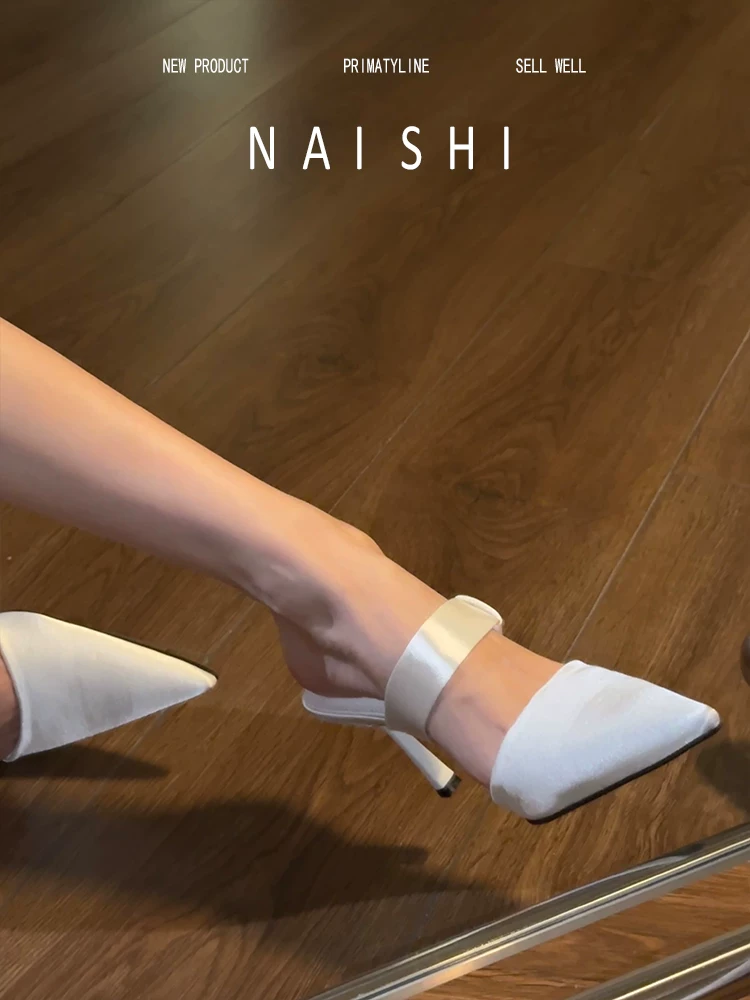 Phiên bản da cừu! Giày cao gót satin kiểu Pháp dành cho nữ, kiểu mules kín mũi có quai, thích hợp phối với đầm, sandal cao gót.