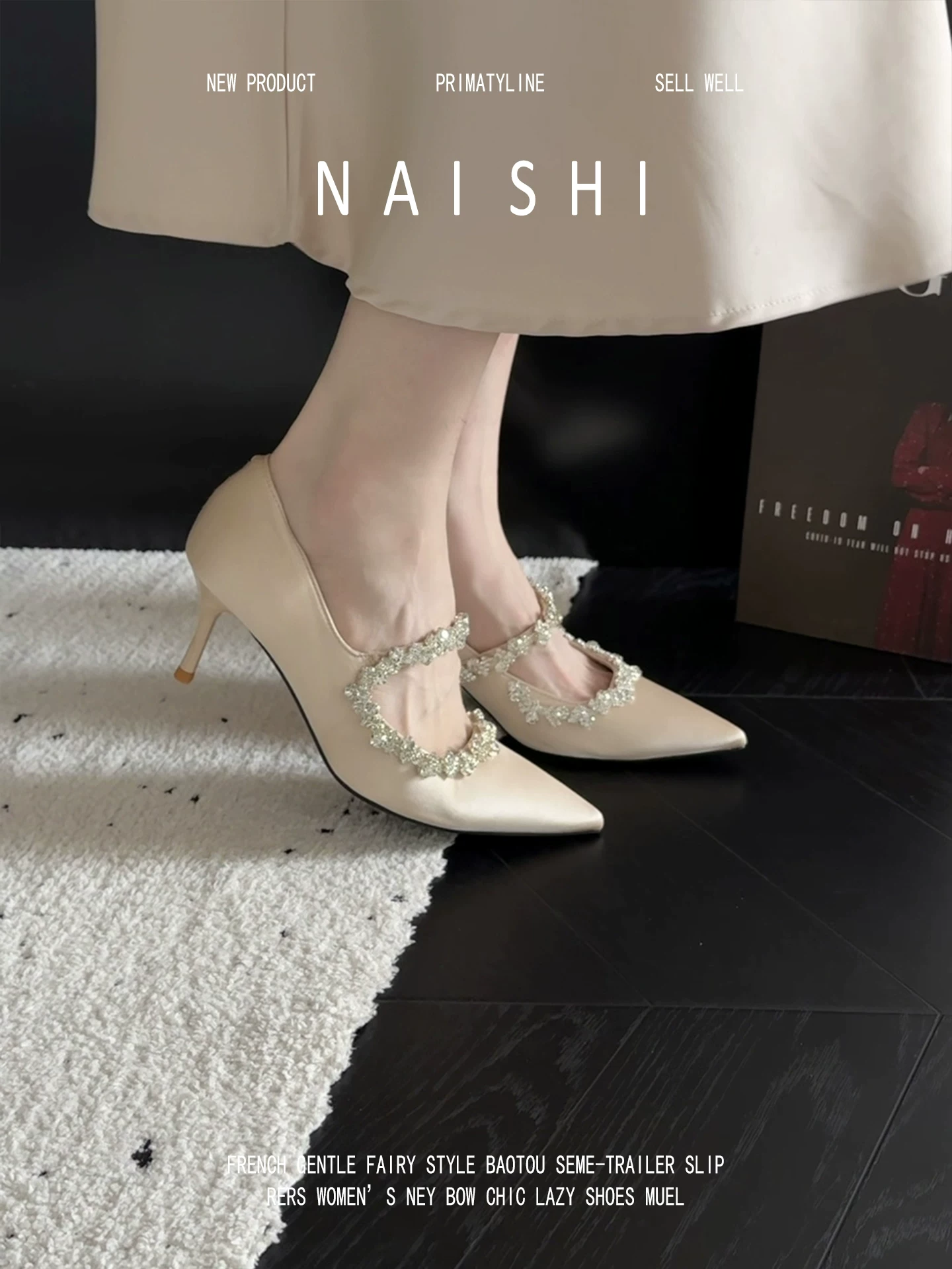 Phiên bản da cừu! Giày cao gót đính đá kiểu Pháp, giày cưới lộng lẫy, giày phù dâu, giày cao gót mũi nhọn, dép satin khoét lỗ