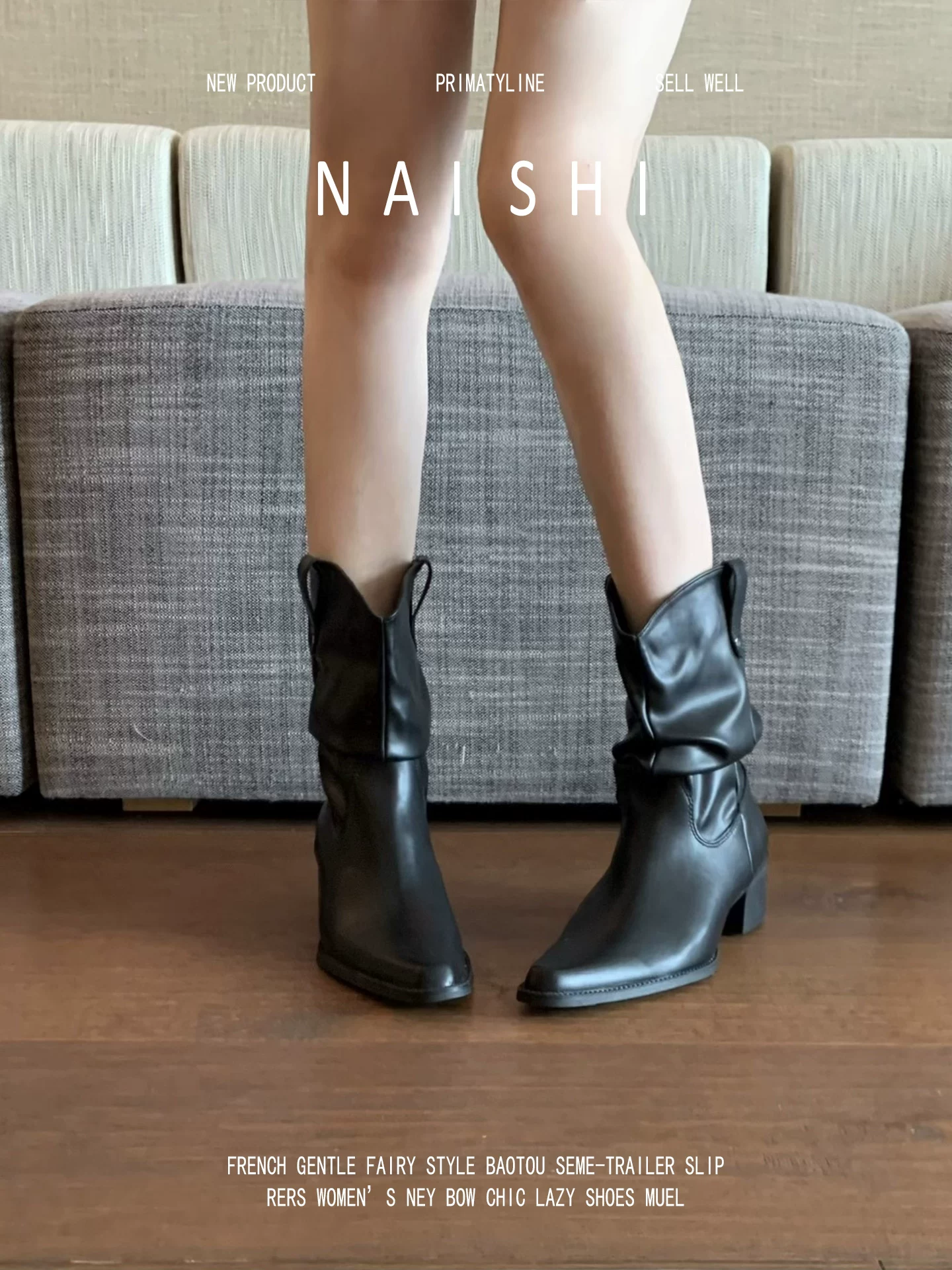 Phiên bản da cừu! Giày bốt cưỡi ngựa màu đen kiểu chữ V dành cho nữ, gót dày, bốt ngắn, bốt lười, phong cách wasteland, mũi nhọn, bốt cao bồi miền Tây.