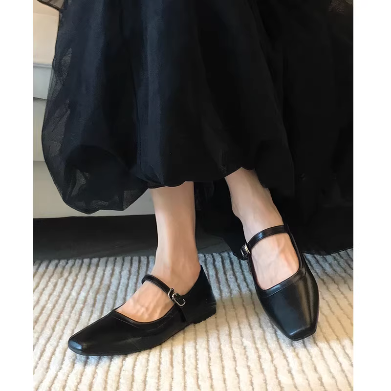 Phiên bản da cừu! Giày Mary Jane mũi vuông cổ điển, kiểu Nhật Bản như tiên nữ, giày đế bằng phong cách Pháp quai đơn dành cho nữ.