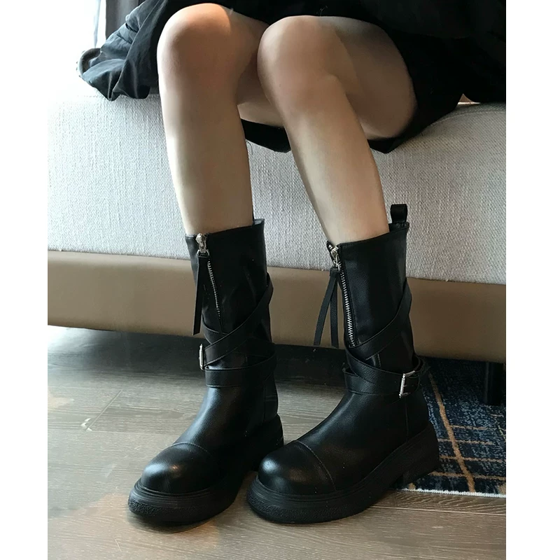 Phiên bản da bò! Giày cao bồi kiểu miền Tây cổ điển dành cho nữ, giày cao gót chunky độc đáo có khóa kéo phía trước, kiểu Anh, giày Martin đế dày.