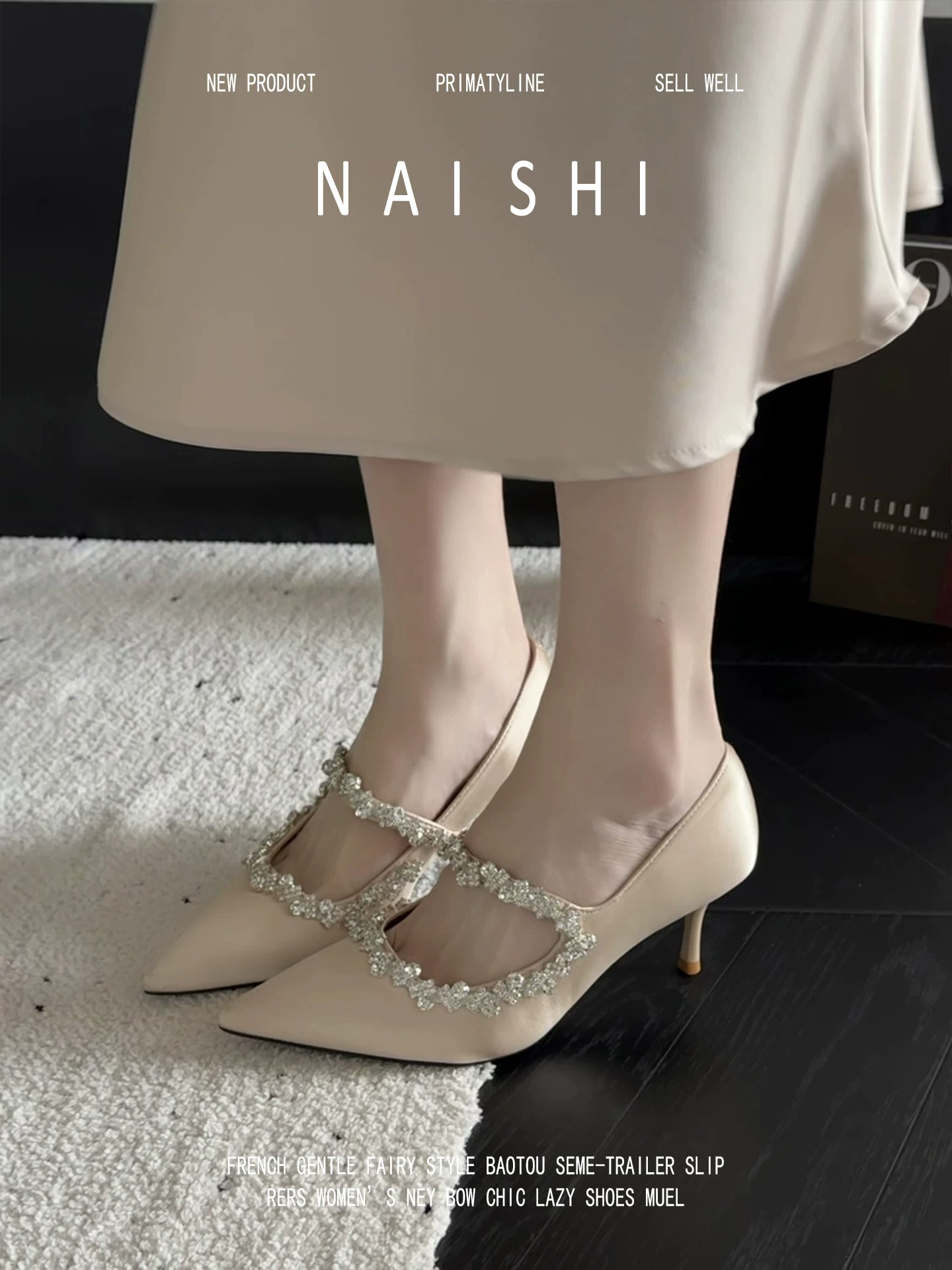 Phiên bản da cừu! Giày cao gót đính đá kiểu Pháp, giày cưới lộng lẫy, giày phù dâu, giày cao gót mũi nhọn, dép satin khoét lỗ