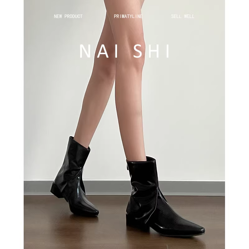 Phiên bản da cừu! Giày bốt mũi nhọn có gót dày, giày bốt Martin dành cho nữ, giày Chelsea có khóa kéo phía sau sành điệu, giày bốt ngắn màu đen.