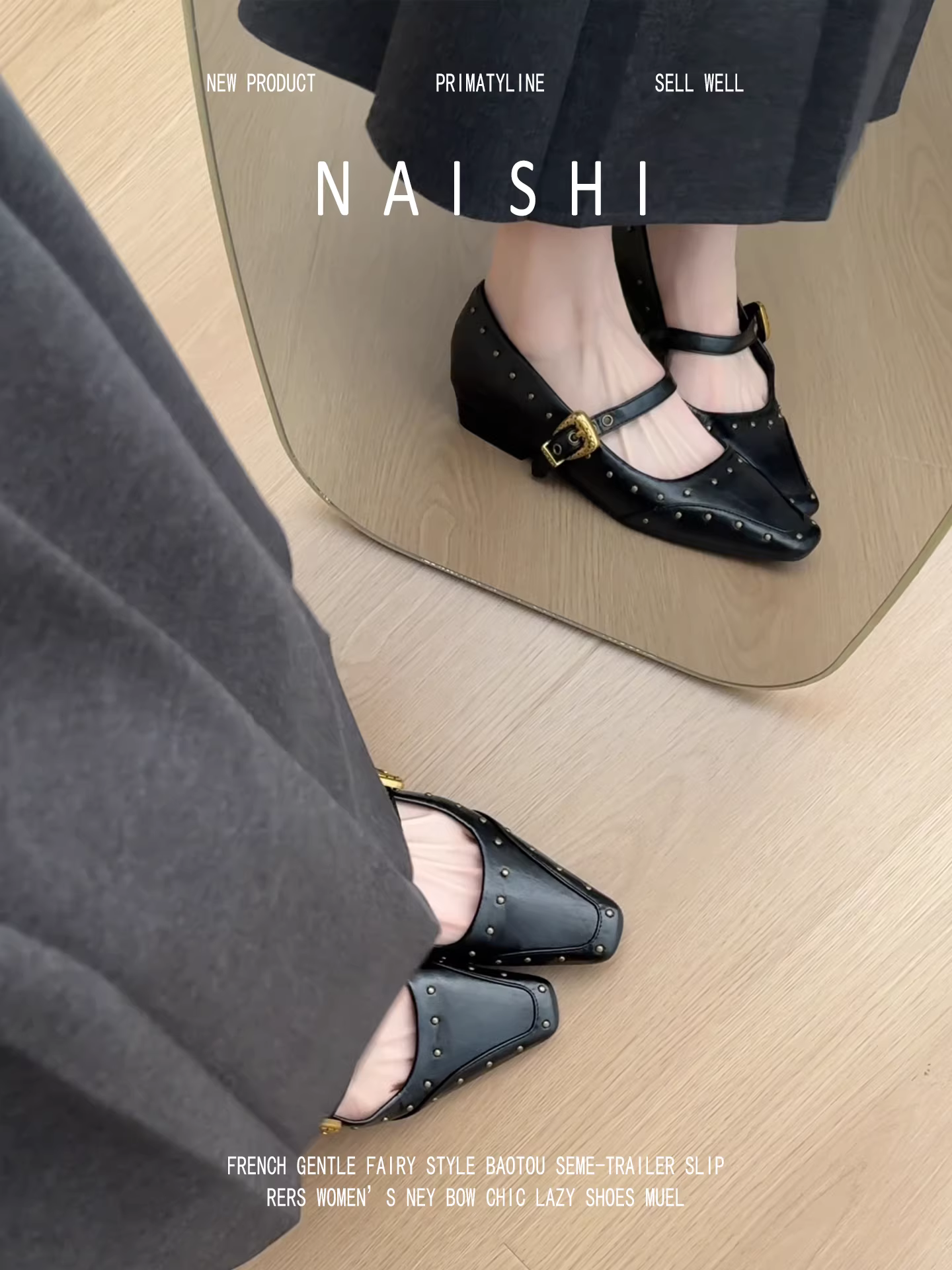 Phiên bản da cừu! Giày quai ngang mũi vuông đính đinh kiểu cổ điển với gót dày, giày Mary Jane màu đen, giày lười đa năng, giày da nhỏ.