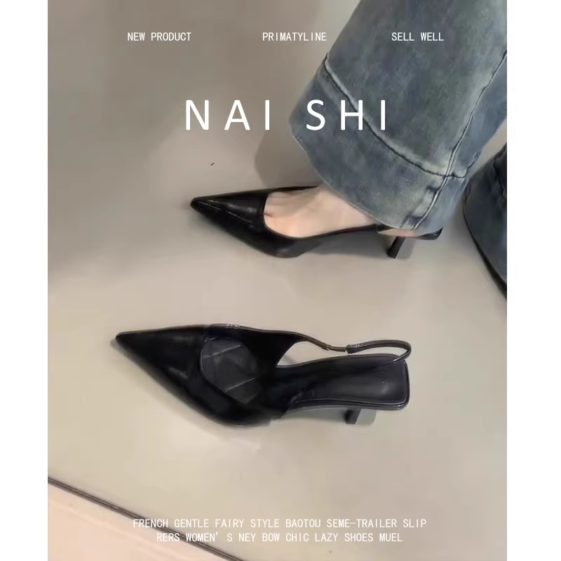 Phiên bản da cừu! Dép sandal nữ màu đen, mũi kín, gót kitten, kiểu Pháp, mũi nhọn, gót thấp, không gót sau, gót cao, gót nhọn.