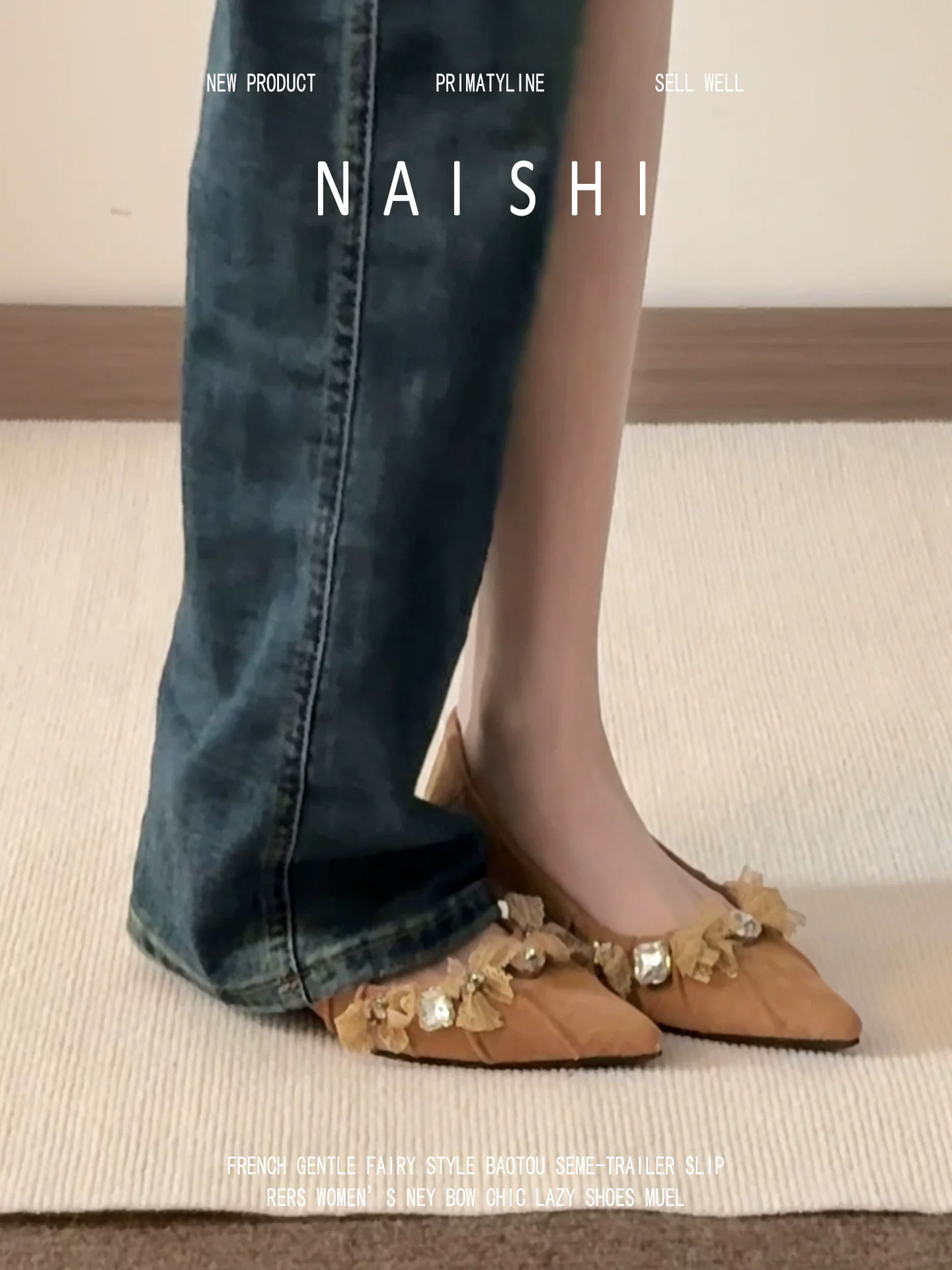 Phiên bản da cừu! Giày cao gót mũi nhọn đính đá pha lê kiểu retro, thoải mái và dễ mang, giày bệt gót thấp xếp ly.