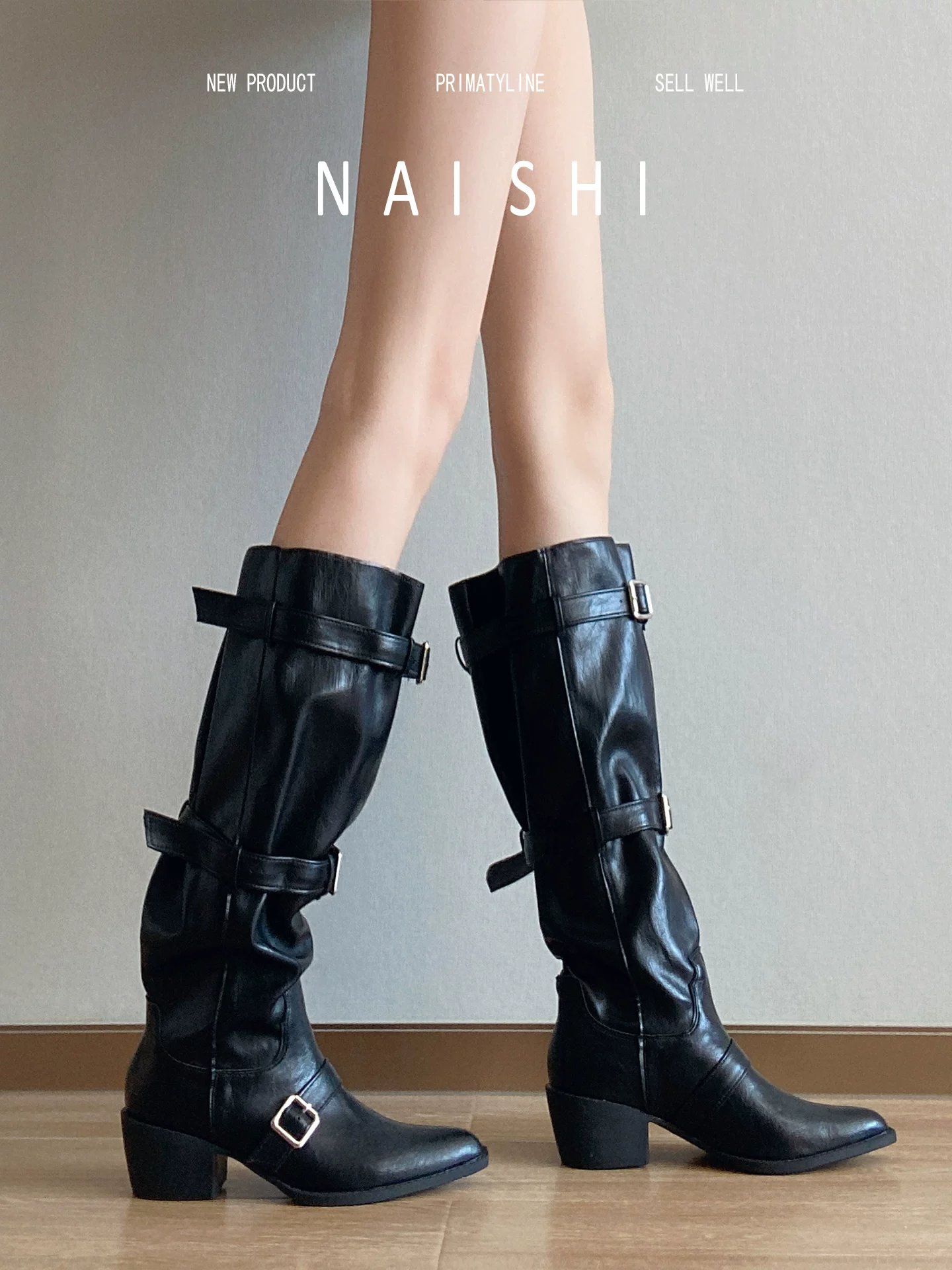 Phiên bản da cừu! Giày cao cổ màu đen dành cho nữ, mũi nhọn, có khóa thắt lưng, gót dày, kiểu dáng thon gọn, ống rộng, kiểu miền Tây.