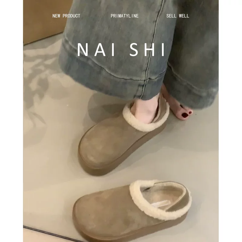 Phiên bản da cừu! Giày kiểu Birkenstock đế dày dành cho phụ nữ nhỏ nhắn, có thể mang theo hai kiểu, dép kín mũi dành cho nữ, thích hợp để đi ngoài trời, lót lông cừu giữ ấm, giày cotton.
