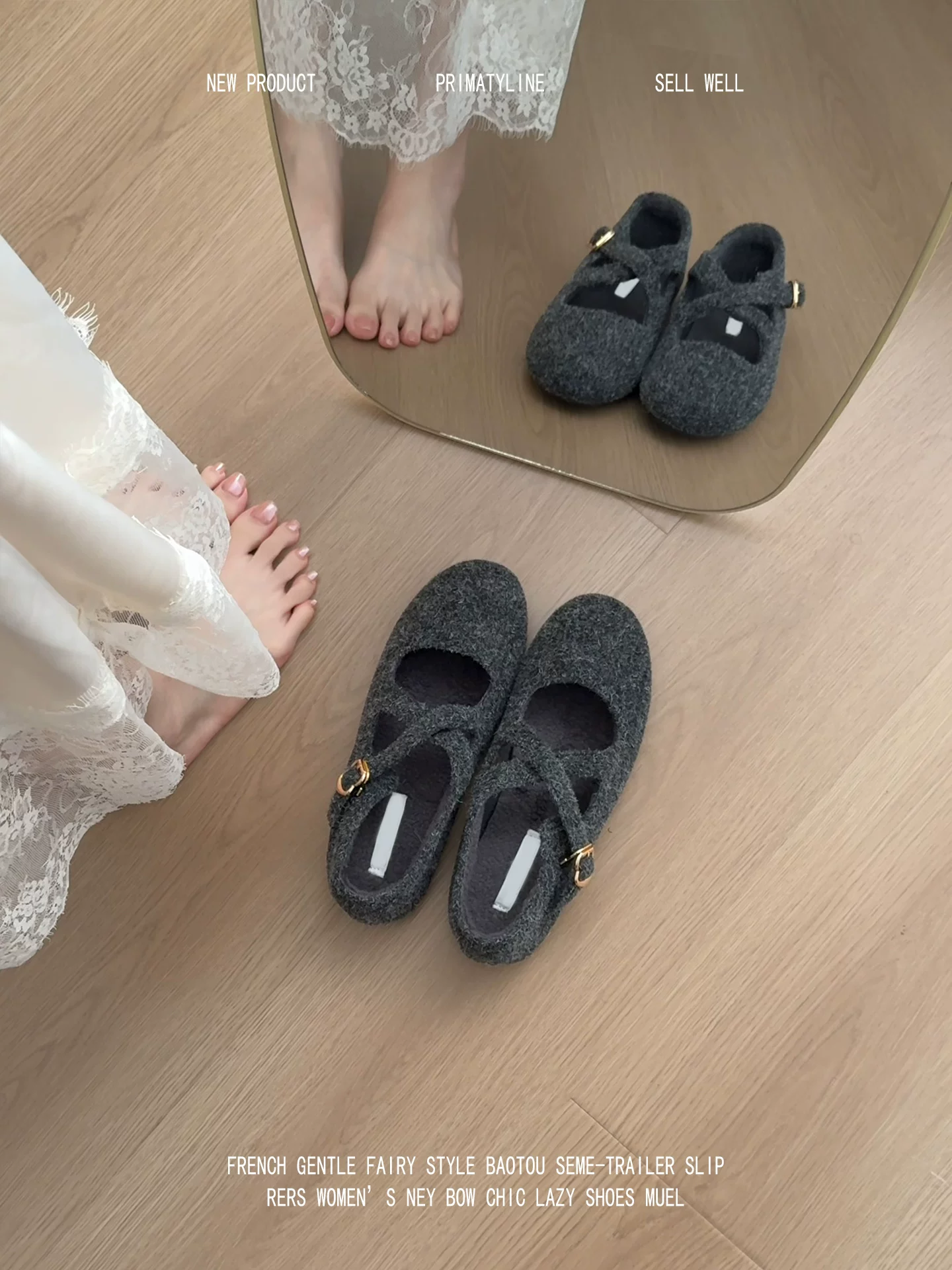 Phiên bản da cừu! Giày lông tròn mũi tròn kiểu retro, dây đeo chéo, giày cotton lót lông cừu ấm áp, giày Mary Janes len màu xám đa năng.
