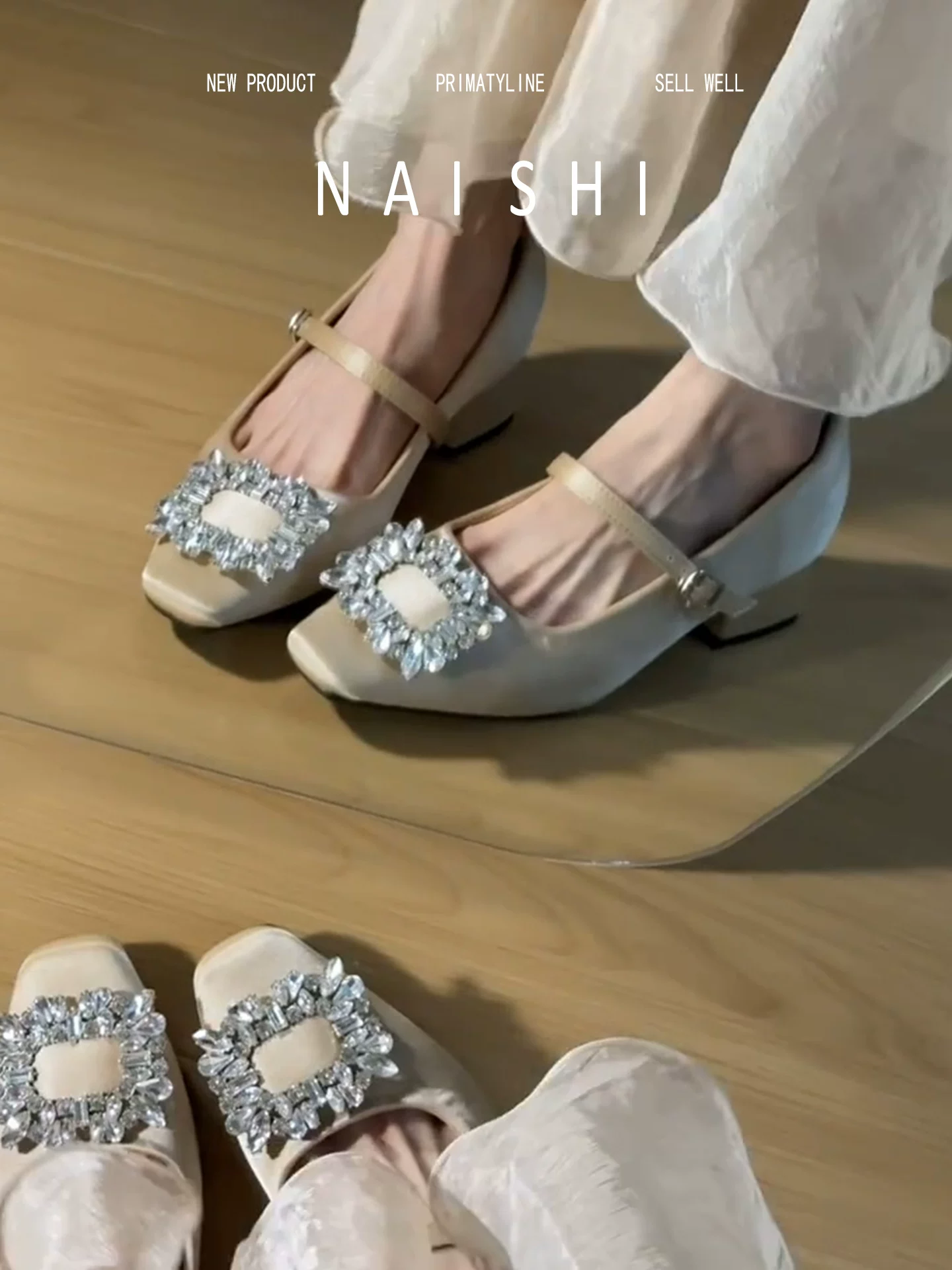 Phiên bản da cừu! Giày Mary Jane đính đá phong cách Pháp dành cho nữ, quai đơn, gót dày, giày satin, kiểu dáng nhẹ nhàng, thích hợp phối với váy, giày dạ hội.