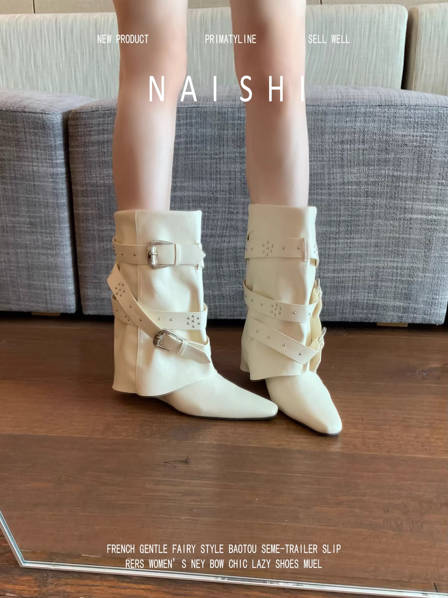 Phiên bản da cừu! Giày bốt thời trang đế xuồng mũi nhọn dành cho nữ với khóa thắt lưng đinh tán, bốt cao đến giữa bắp chân giúp thon gọn, bốt cao gót màu trắng.