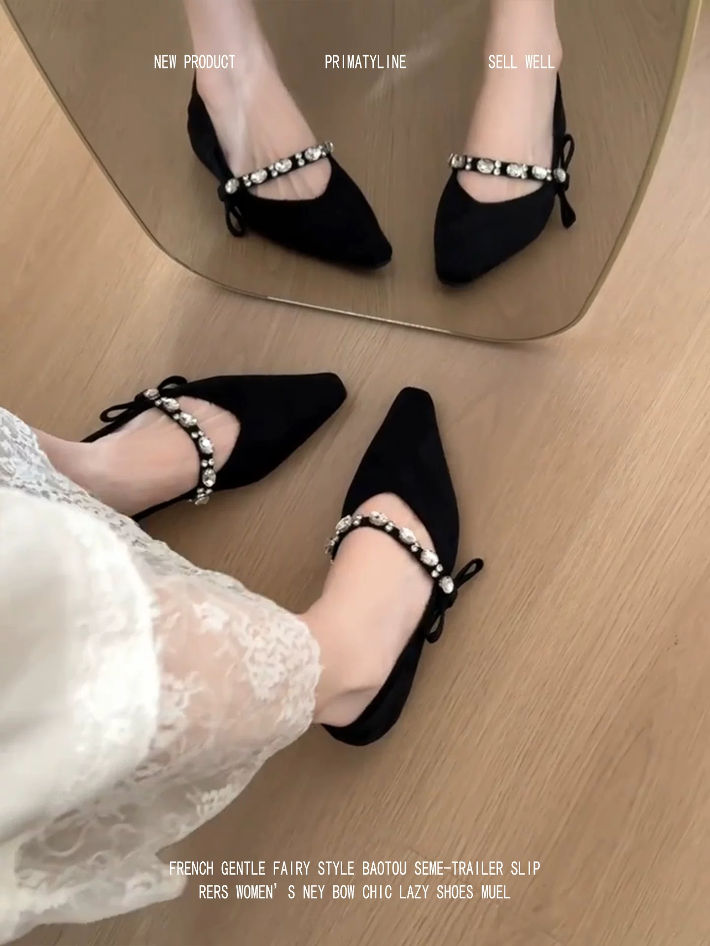 Phiên bản da cừu! Giày bệt đính đá kiểu Pháp có mũi vuông nhỏ, giày Mary Jane thanh lịch dành cho người đi làm với dây đeo đơn, giày dạ hội.
