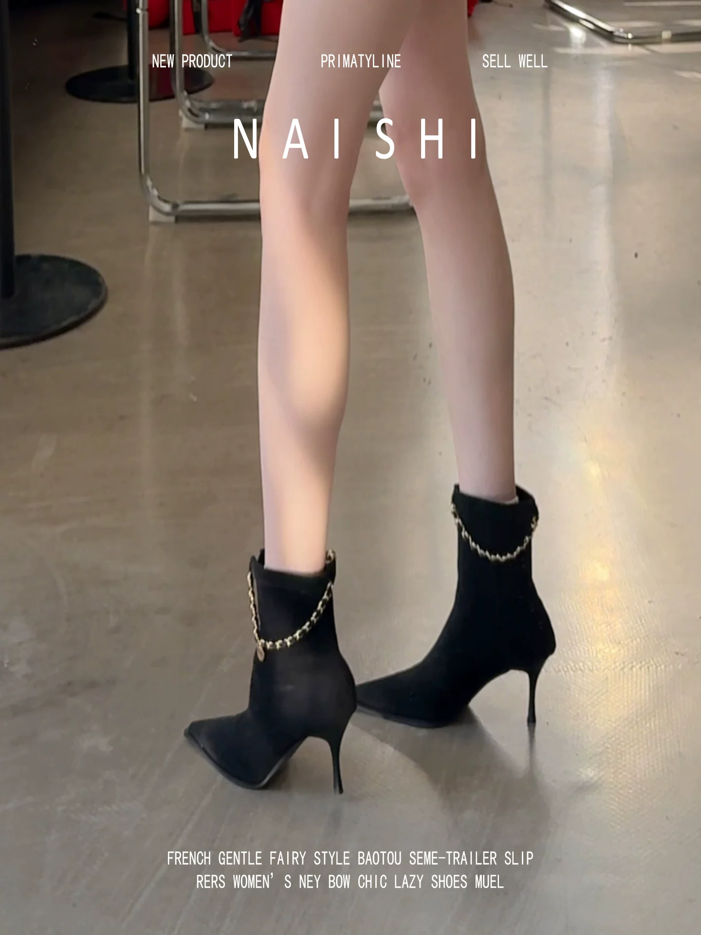 Phiên bản da cừu! Giày cao gót mũi nhọn kiểu Pháp dành cho nữ, phong cách quý tộc với dây xích kim loại, giày cao gót màu đen, kiểu dáng ôm sát.