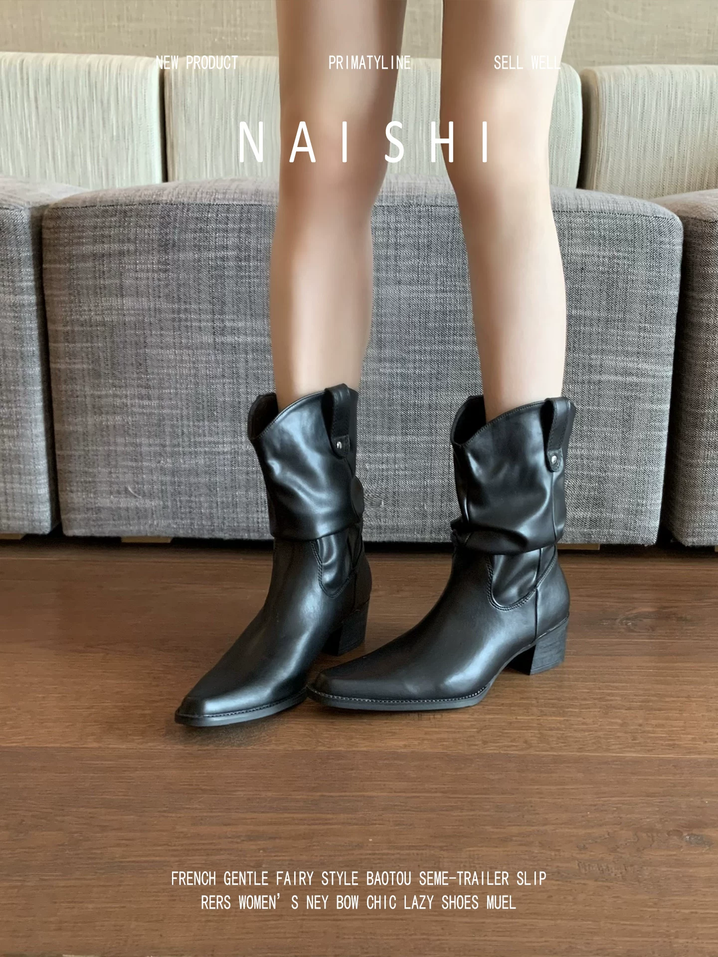 Phiên bản da cừu! Giày bốt cưỡi ngựa màu đen kiểu chữ V dành cho nữ, gót dày, bốt ngắn, bốt lười, phong cách wasteland, mũi nhọn, bốt cao bồi miền Tây.