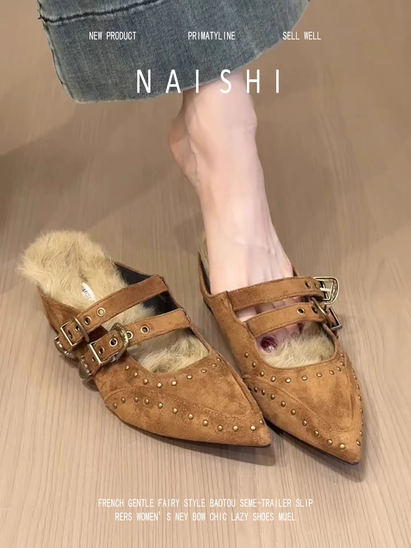 Phiên bản da cừu! Giày mules mũi nhọn cổ điển dành cho nữ, có đinh tán, quai đơn, lót lông cừu, tăng chiều cao.