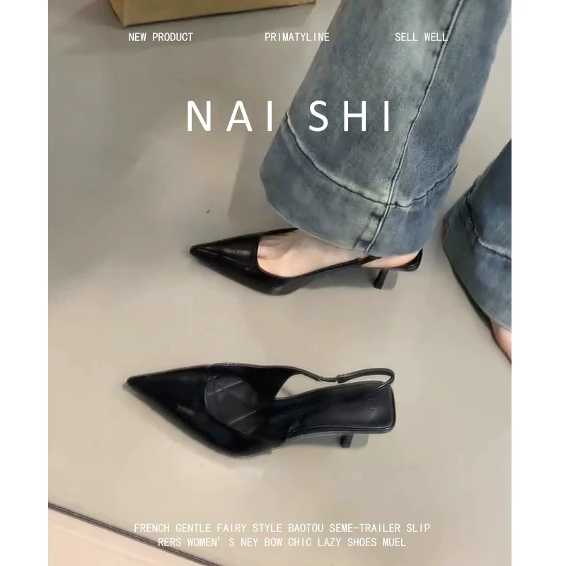 Phiên bản da cừu! Dép sandal nữ màu đen, mũi kín, gót kitten, kiểu Pháp, mũi nhọn, gót thấp, không gót sau, gót cao, gót nhọn.