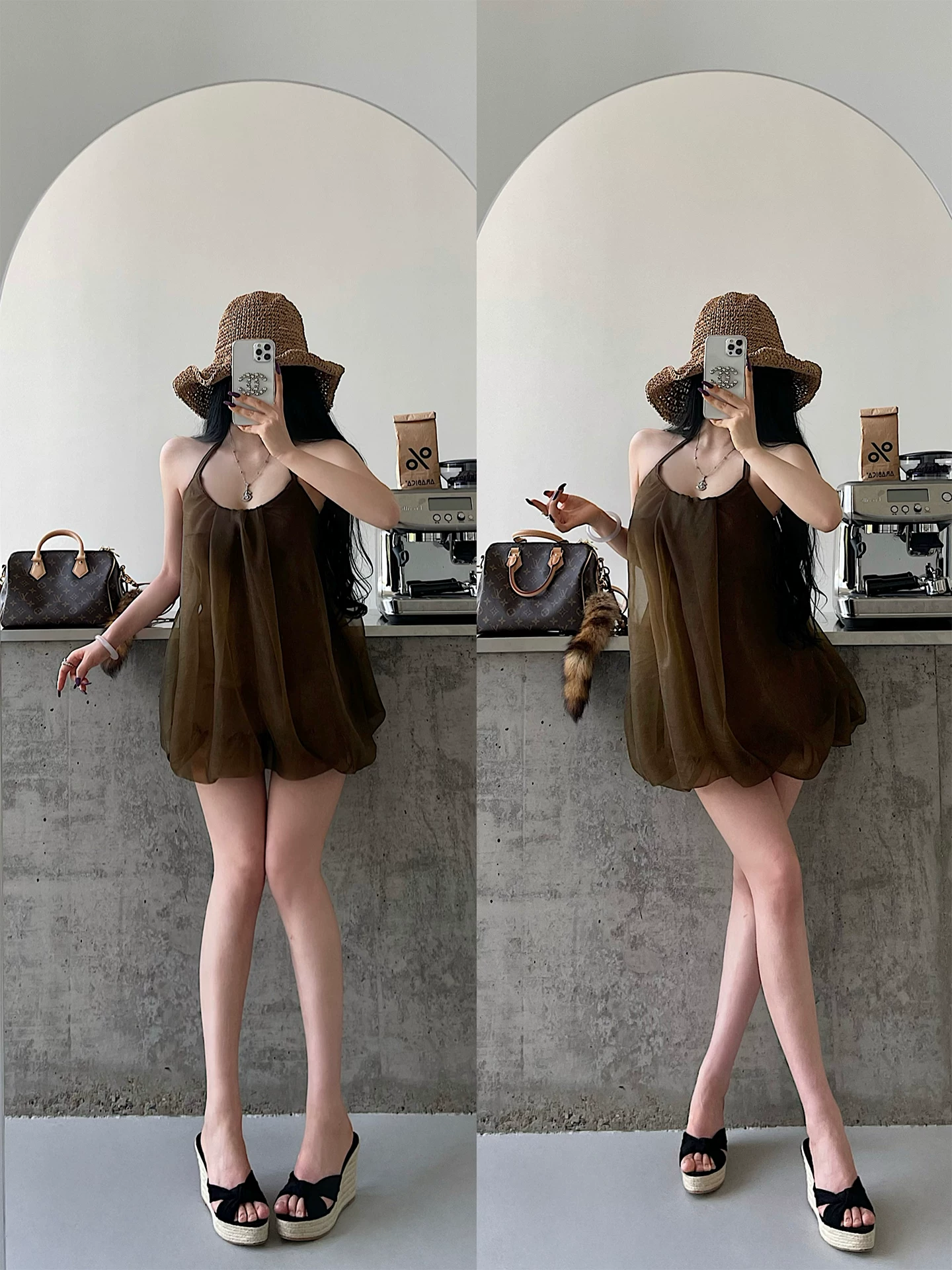 YoungGirlDay phong cách thuần khiết gợi cảm nhẹ nhàng và quyến rũ, váy lưới dáng rộng có dây buộc nơ cổ, váy ngắn