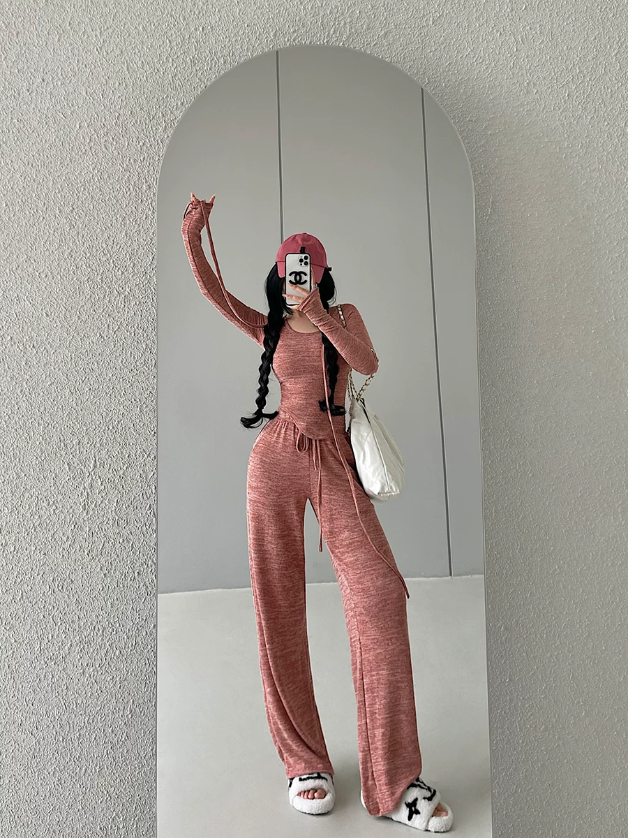 YoungGirlDay Pure Desire Style Slim Fit Tie Áo thun dài tay có dây rút eo cao Quần âu dài đến sàn Bộ quần dài