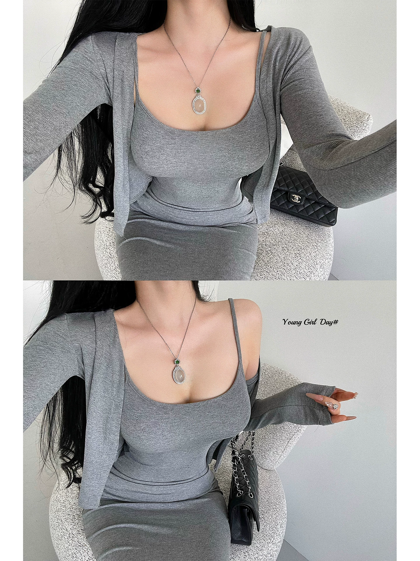 YoungGirlDay Kardashian váy dây đeo hông gợi cảm ôm sát hông, váy dài đến sàn, bộ đồ cardigan dài tay