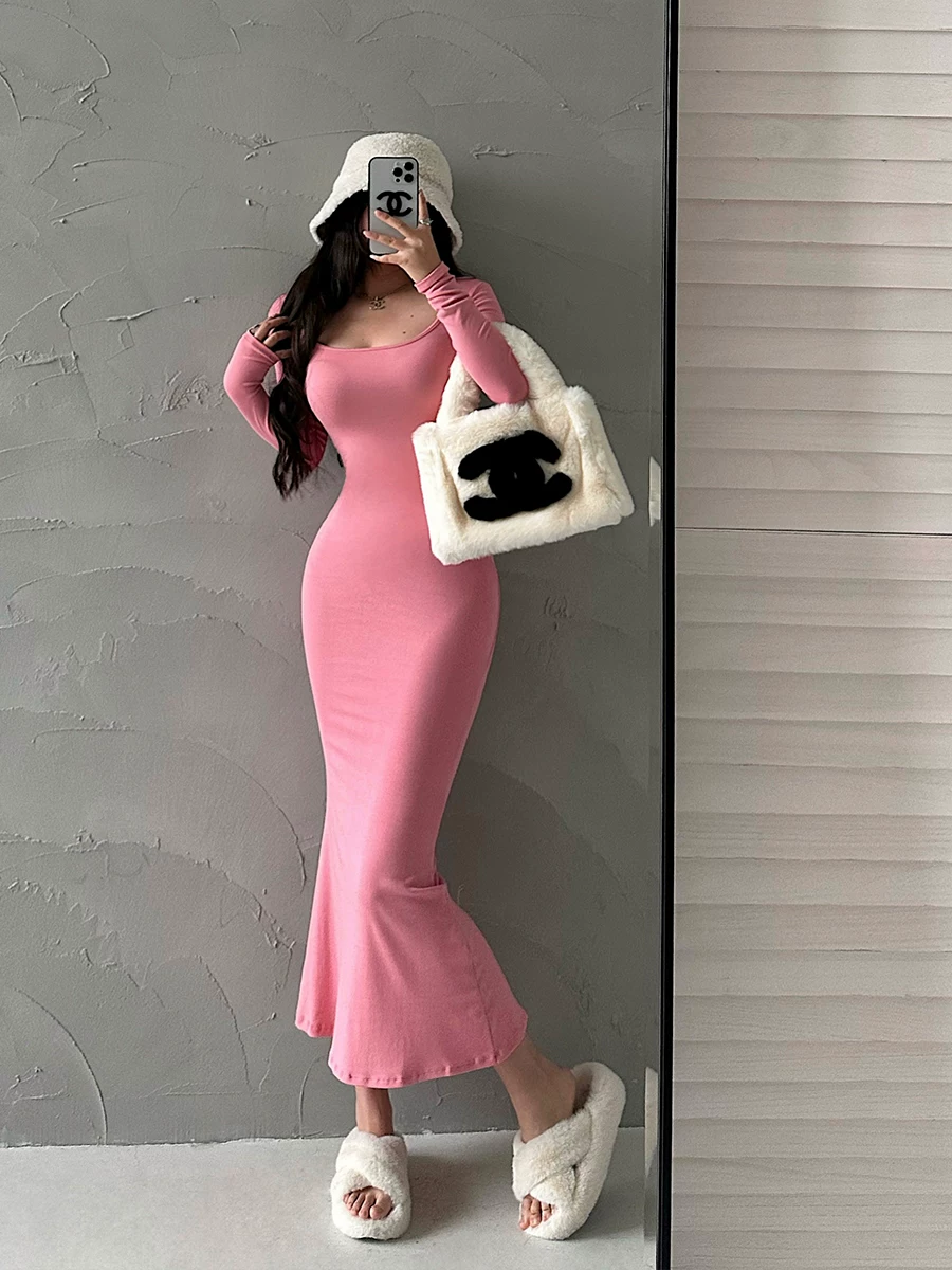 YoungGirlDay phong cách thuần khiết gợi cảm cổ chữ U ôm sát dáng dài tay dài váy đuôi cá váy dài