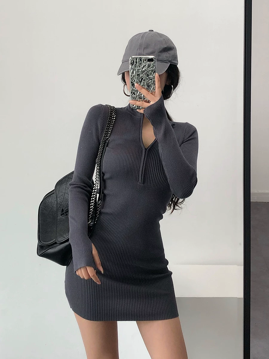 YoungGirlDay Phong cách Âu Mỹ gợi cảm, cổ cao, có khóa kéo, váy ôm sát bodycon dài tay, váy ngắn.