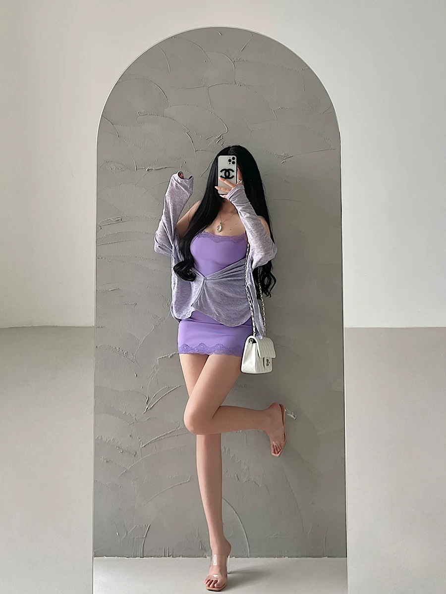 YoungGirlDay khao khát thuần khiết gợi cảm áo cardigan dài tay một hàng khuy ren dây treo ôm hông váy ngắn bộ váy ngắn