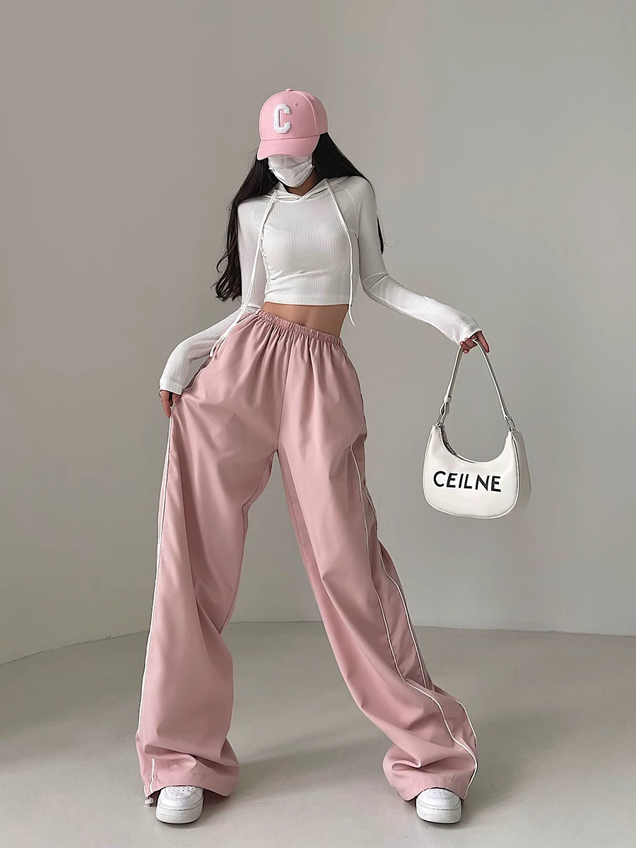 YoungGirlDay Phong cách châu Âu và Mỹ phong cách đường phố cạp cao dáng rộng dây rút giảm béo quần thể thao đa năng quần dài