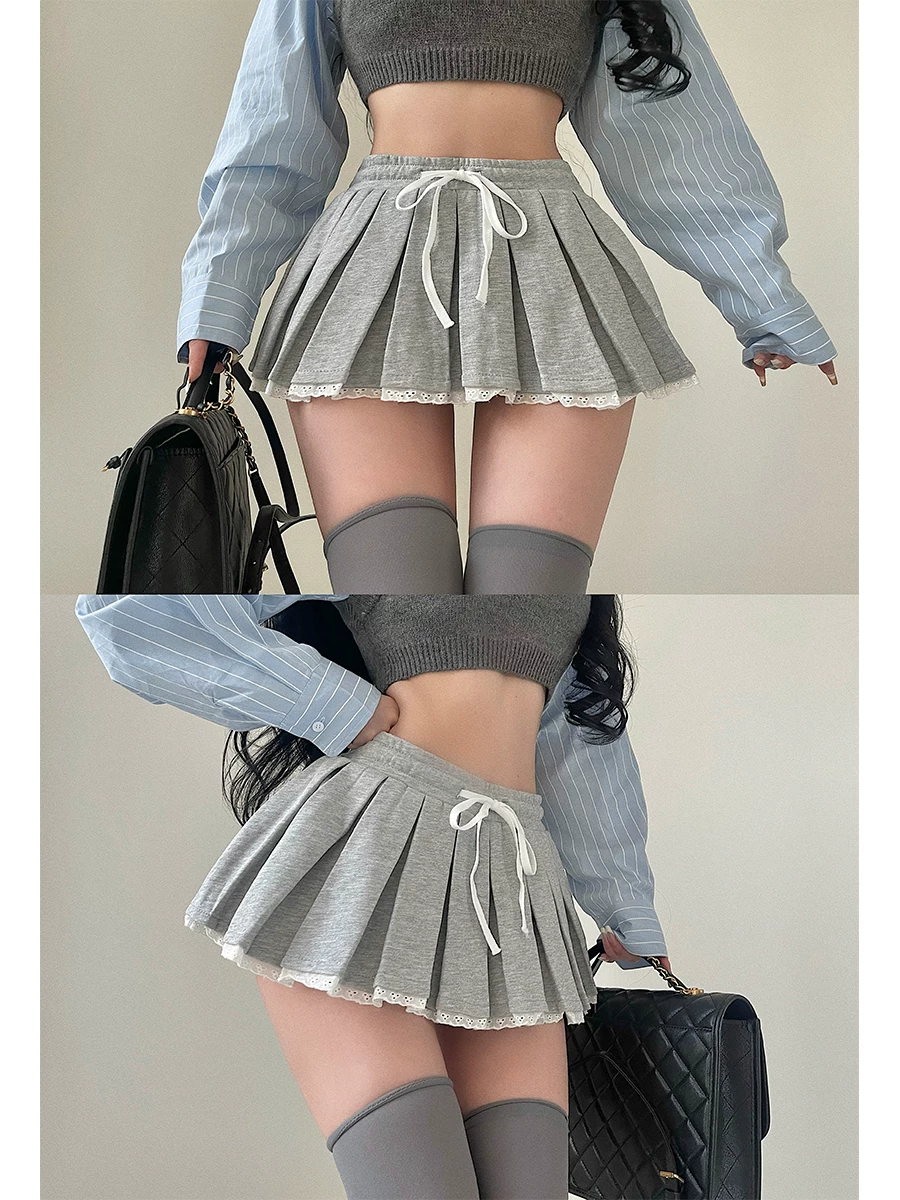 YoungGirlDay Chân váy mini xếp ly viền ren cạp cao kiểu Jennie chống lộ hàng