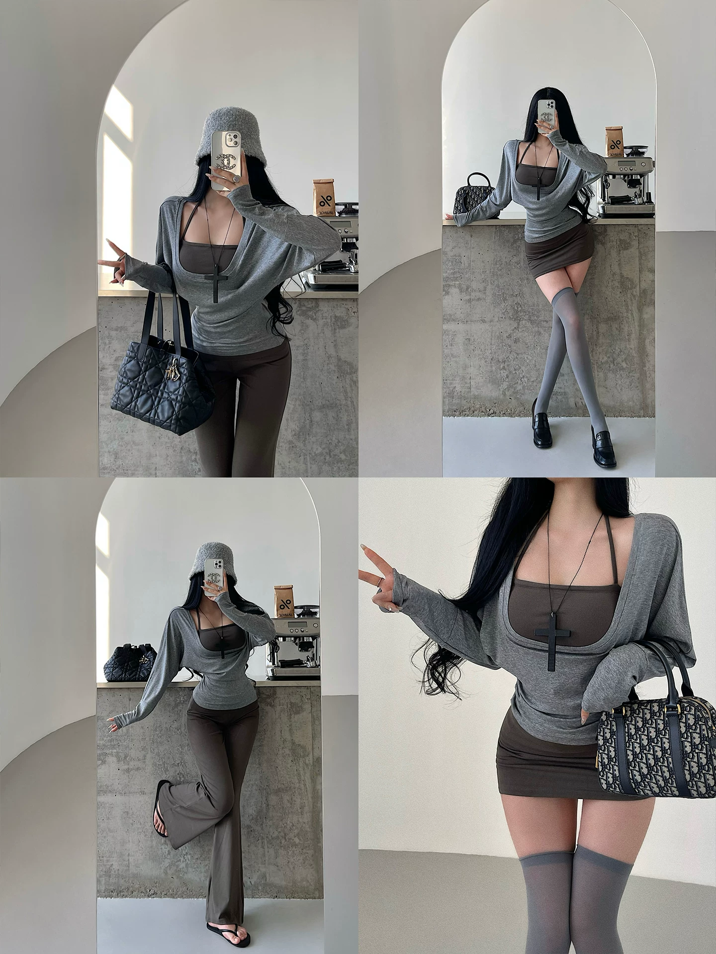 YoungGirlDay Pure Desire Style Hot Girl Áo dây cổ yếm thông thường + Áo khoác ngoài + Váy + Quần dài Bộ bốn món