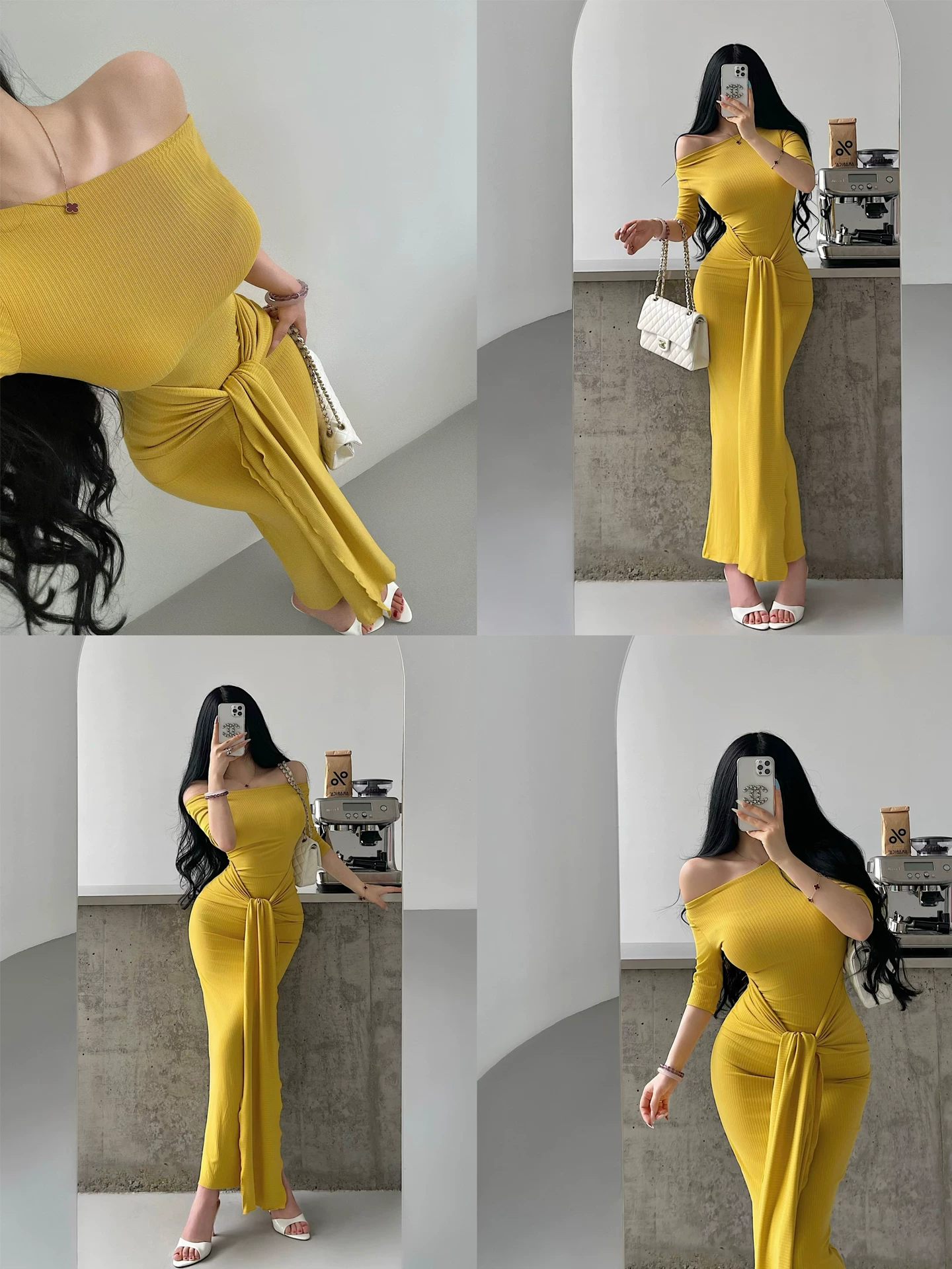 YoungGirlDay pure Desire gợi cảm, trễ vai, thắt eo, giảm béo, tay áo dài vừa phải, đầm bodycon dài