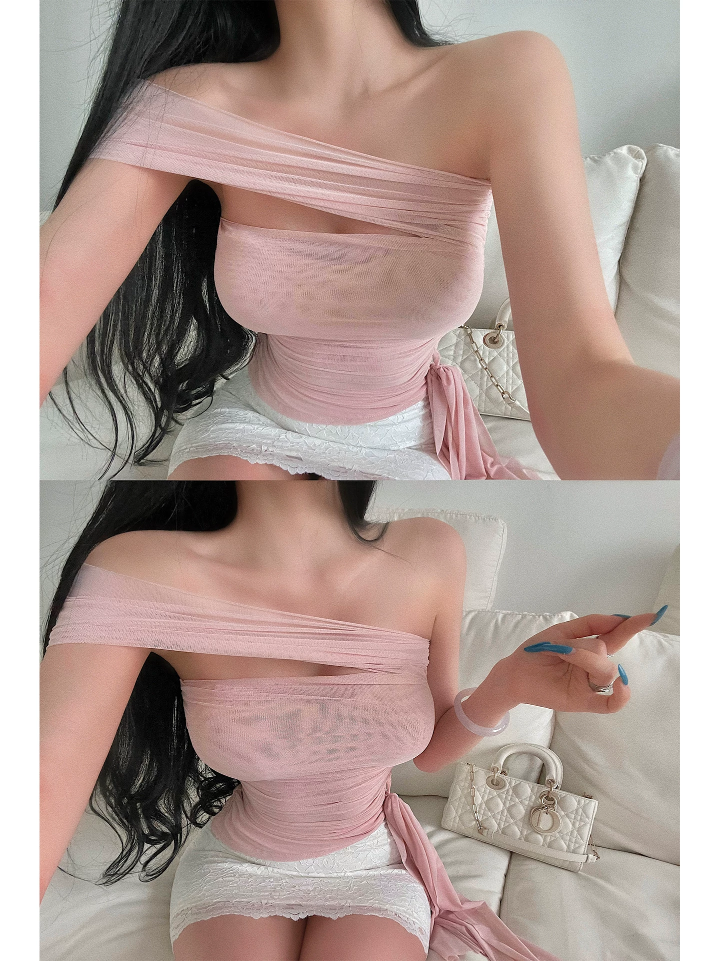 YoungGirlDay khao khát sự thuần khiết, áo lưới ôm sát một bên vai, mềm mại và gợi cảm, có dây buộc ở eo và dây ruy băng bên hông