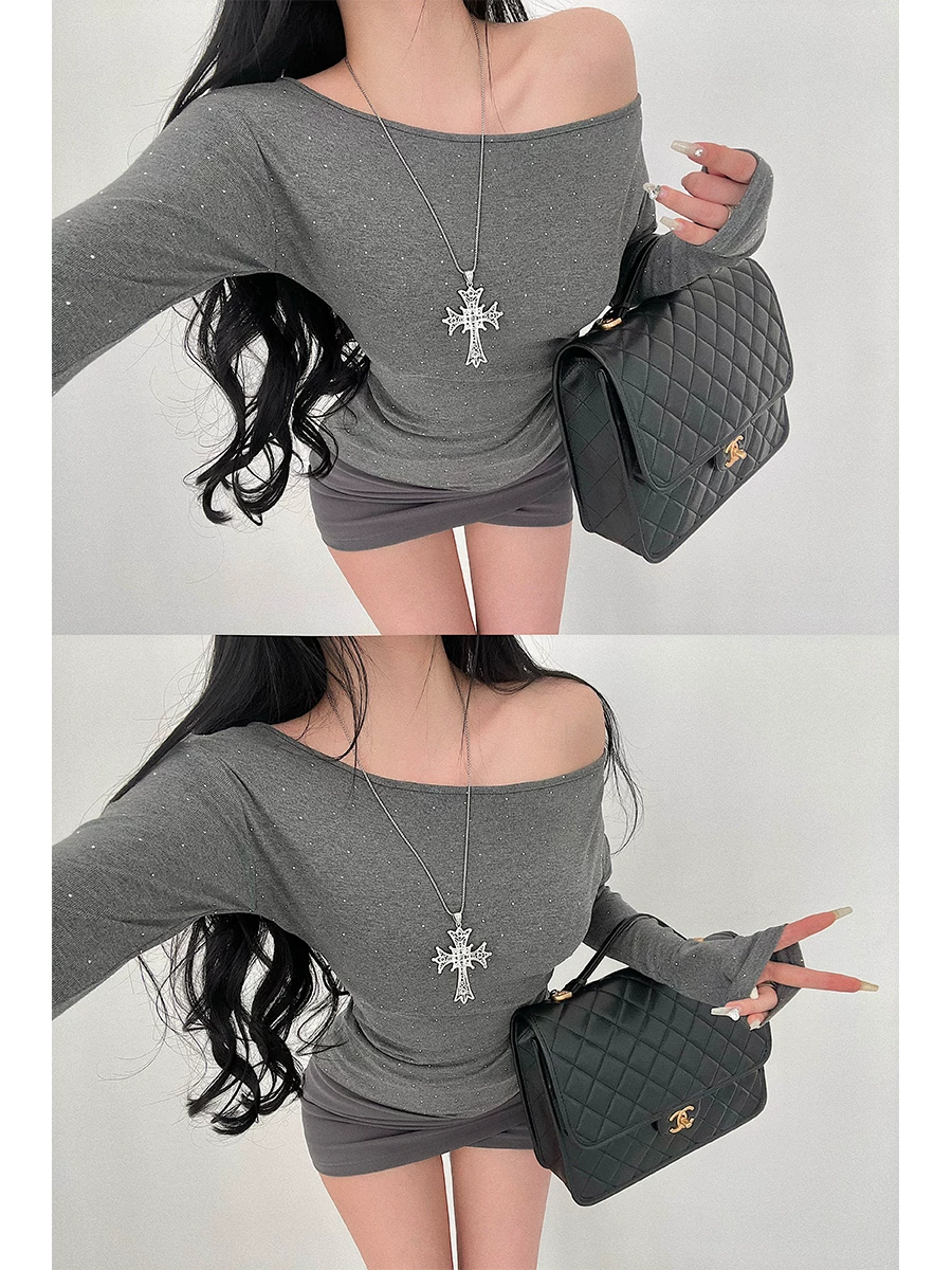 YoungGirlDay Pure Desire Style Áo thun trễ vai gợi cảm có dây rút eo giảm béo đính kim cương giả dài tay.