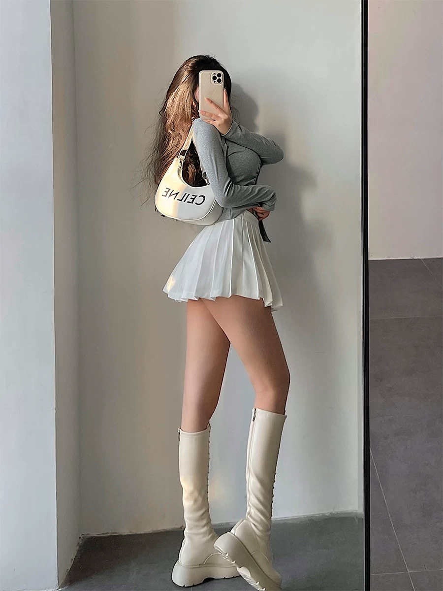 YoungGirlDay váy xếp ly eo cao gợi cảm kiểu chữ A có quần short an toàn chống lộ váy ngắn