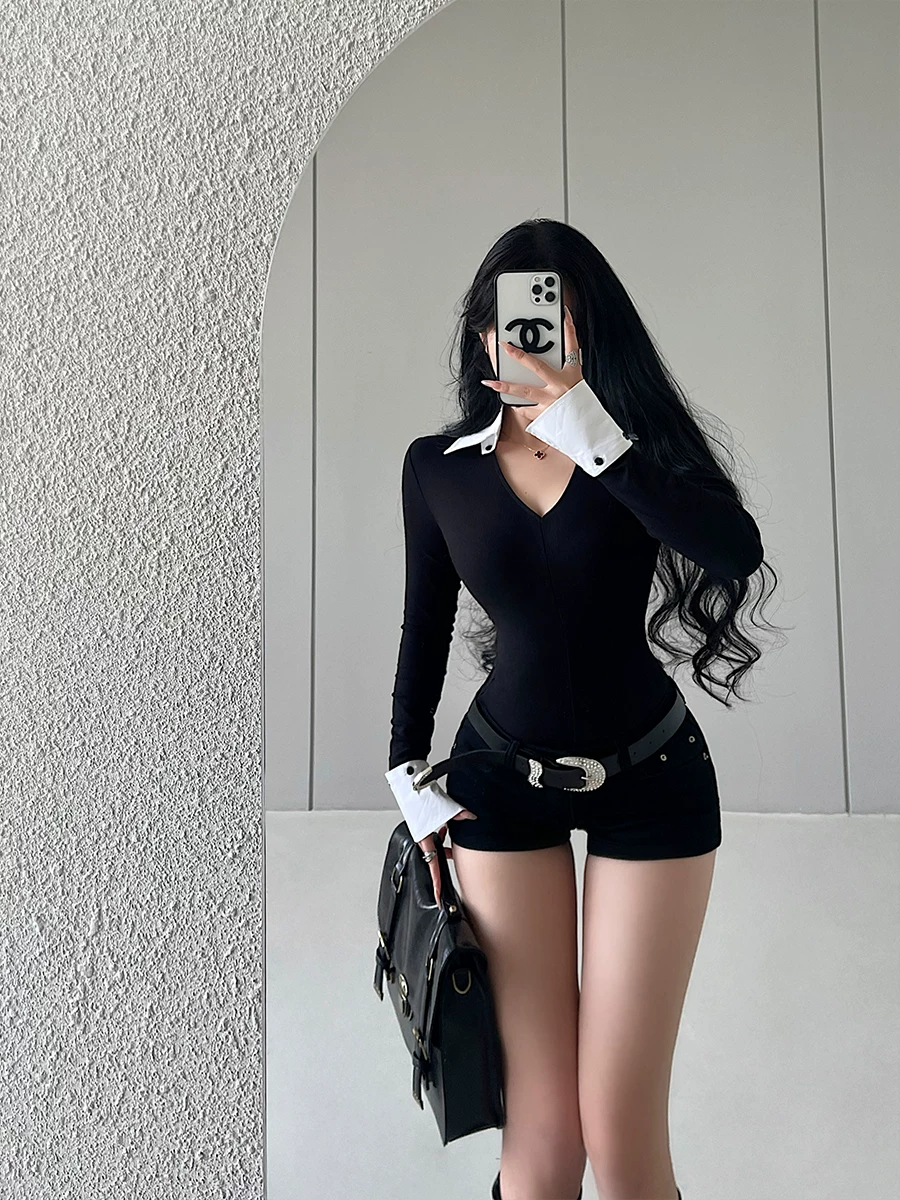 YoungGirlDay pure Desire Áo thun cổ chữ V ôm sát màu sắc phối màu có tay áo dài có thể tháo rời