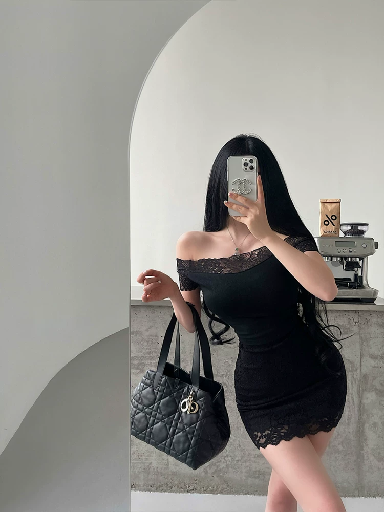 YoungGirlDay Pure Desire Atmosphere Áo thun trễ vai gợi cảm Slim Fit phối ren chắp vá Áo thun ngắn tay hàng đầu