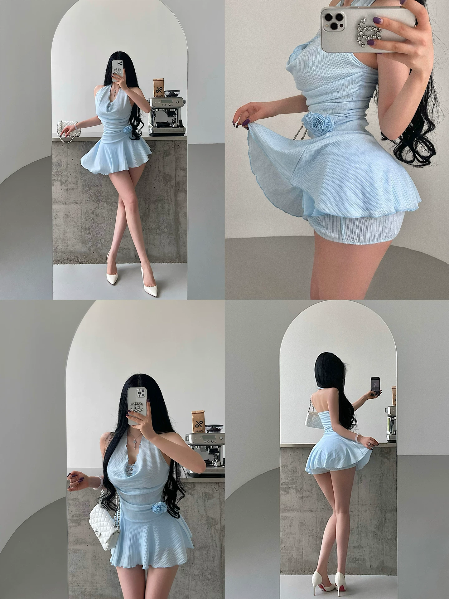 Bộ váy và quần short phối ren trang trí hoa hồng theo phong cách YoungGirlDay, kiểu dáng thuần khiết gợi cảm, có chi tiết xếp ly và cổ halter.
