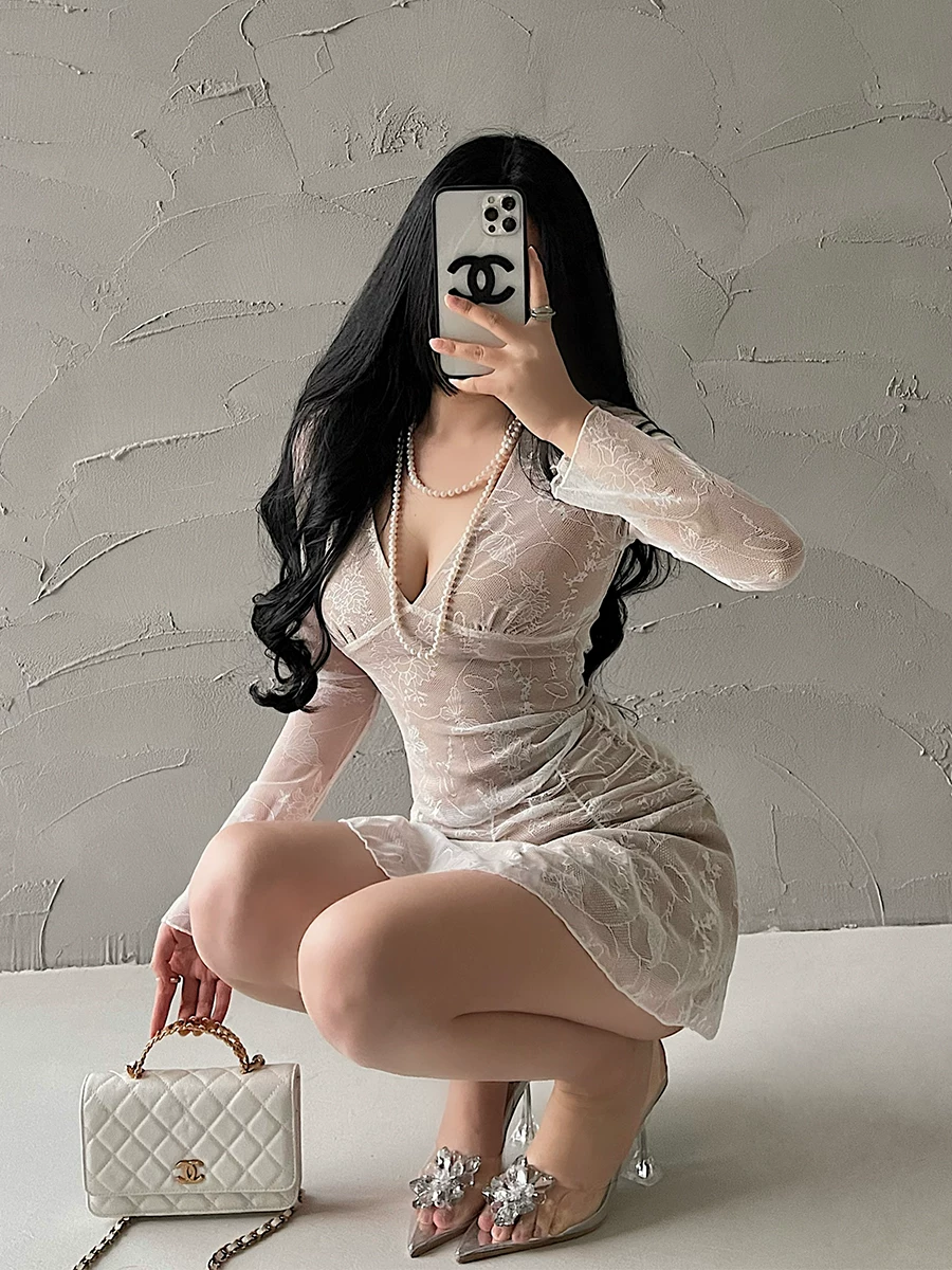 YoungGirlDay Pure Desire Gợi cảm cổ chữ V cắt thấp tay dài Váy ôm sát eo cao Bộ đồ ren lưới
