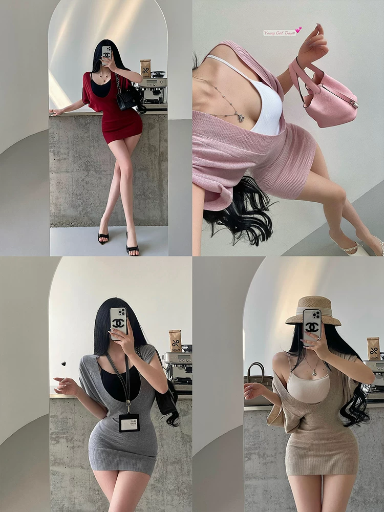 YoungGirlDay váy ôm sát dệt kim tay cánh dơi mang phong cách thuần khiết với bộ áo yếm có đệm ngực