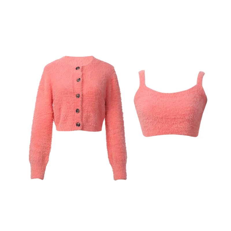 YoungGirlDay Áo cardigan dệt kim ngắn tay dài cổ tròn phong cách Âu Mỹ + áo yếm gợi cảm