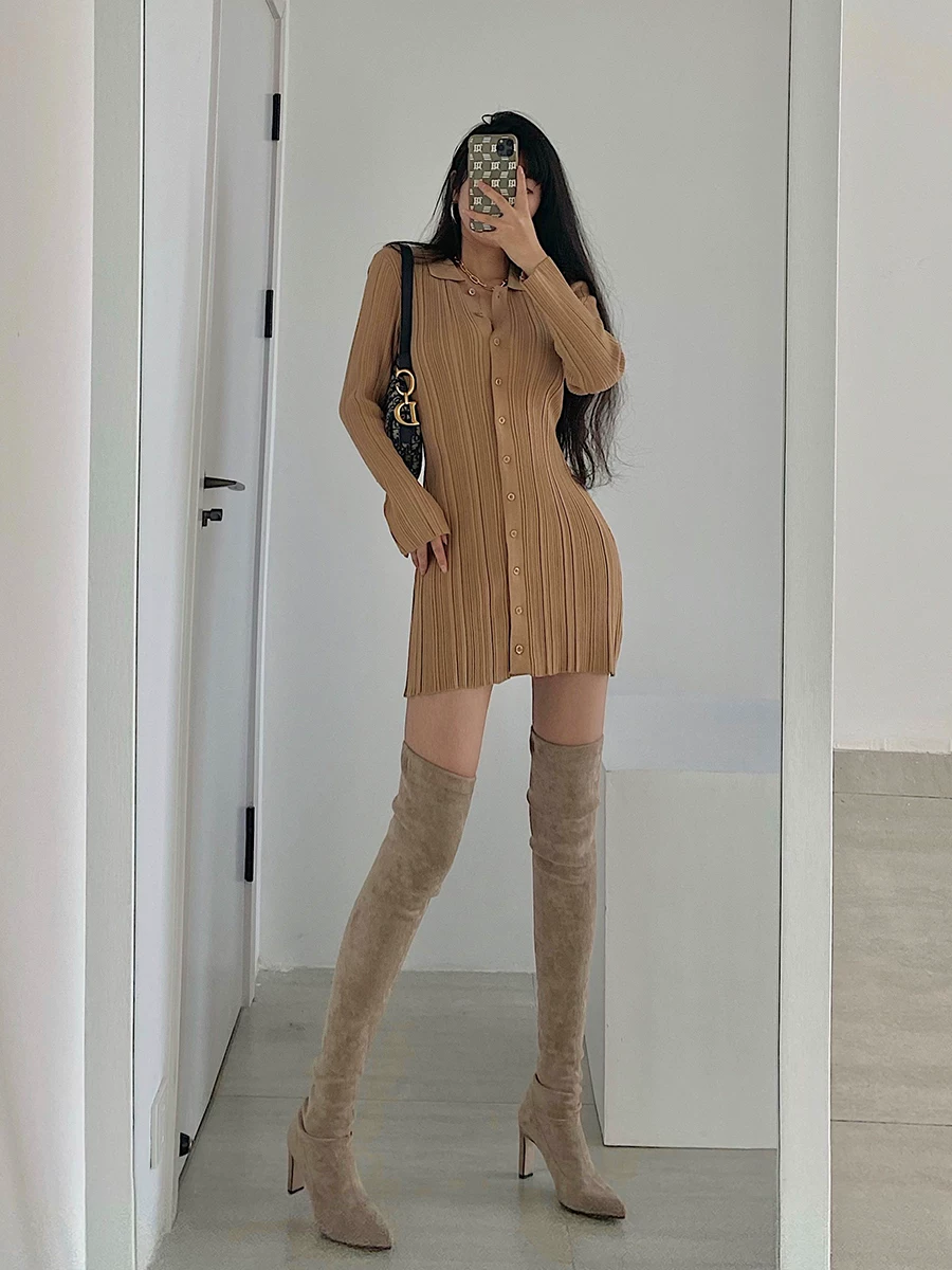 YoungGirlDay Váy ngắn ôm sát cơ thể, kiểu dáng châu Âu và Mỹ gợi cảm, ôm sát cơ thể, có ve áo, tay áo dài, kiểu dáng châu Âu và Mỹ