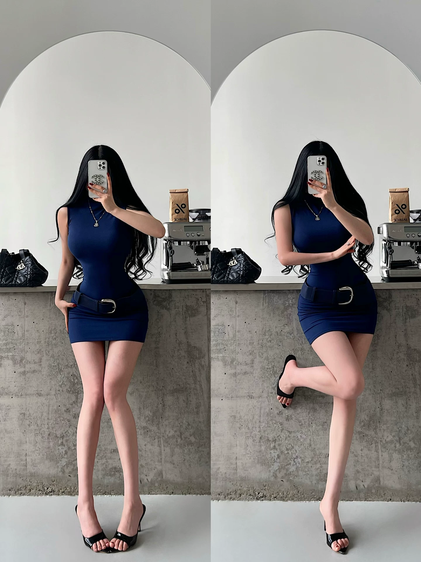 YoungGirlDay phong cách thuần khiết gợi cảm, váy hai dây ôm sát cổ cao không tay có thắt lưng.